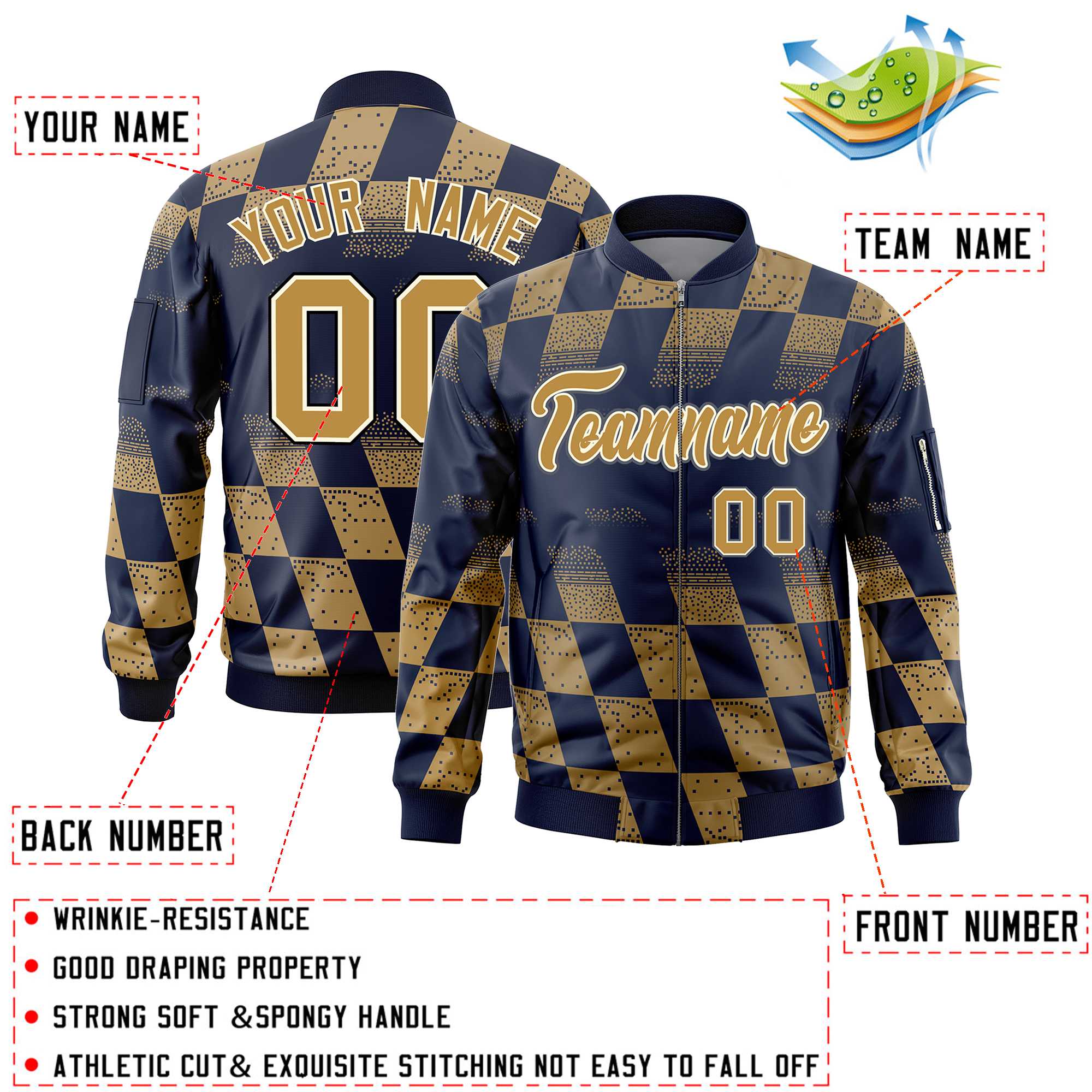 Custom Navy Old Gold Grid Varsity Full-Zip Color Block Letterman Bomber Jacket