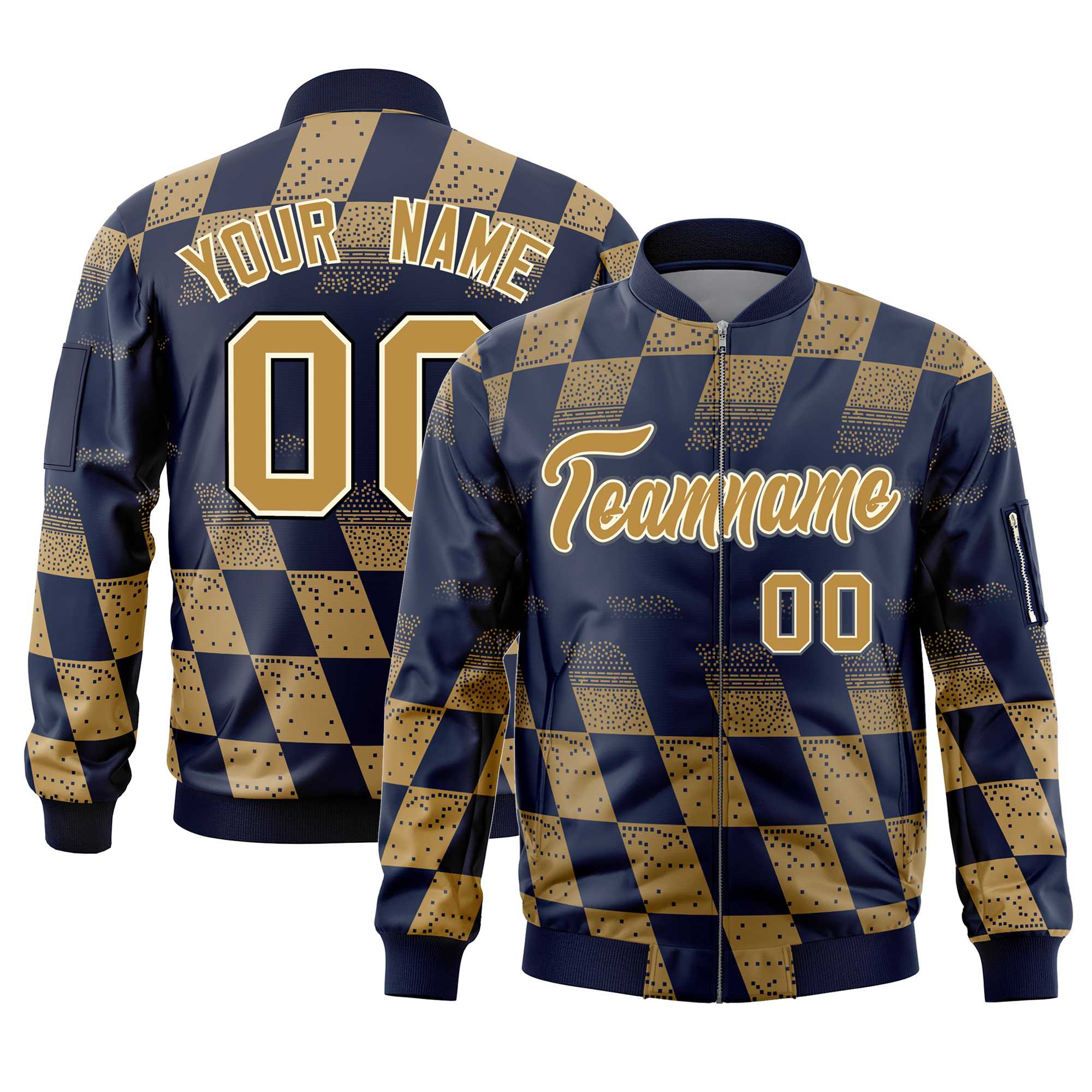 Custom Navy Old Gold Grid Varsity Full-Zip Color Block Letterman Bomber Jacket