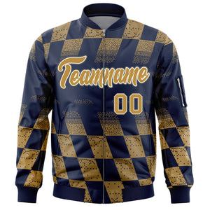 Custom Navy Old Gold Grid Varsity Full-Zip Color Block Letterman Bomber Jacket