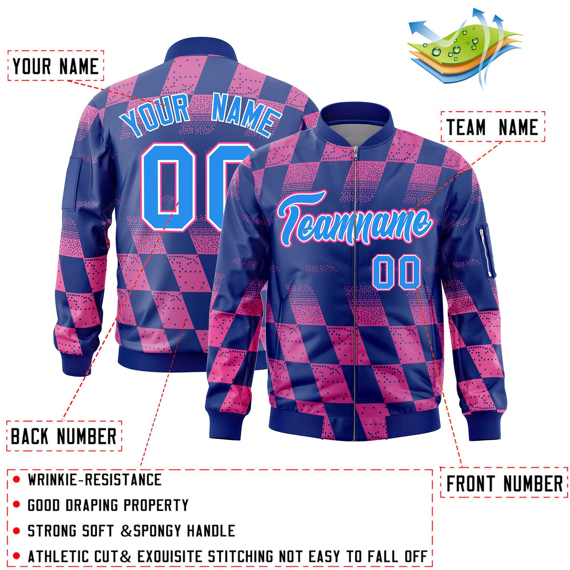 Custom Royal Pink Grid Varsity Full-Zip Color Block Letterman Bomber Jacket