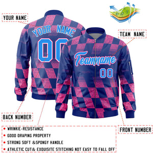 Custom Royal Pink Grid Varsity Full-Zip Color Block Letterman Bomber Jacket