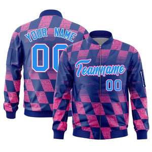 Custom Royal Pink Grid Varsity Full-Zip Color Block Letterman Bomber Jacket