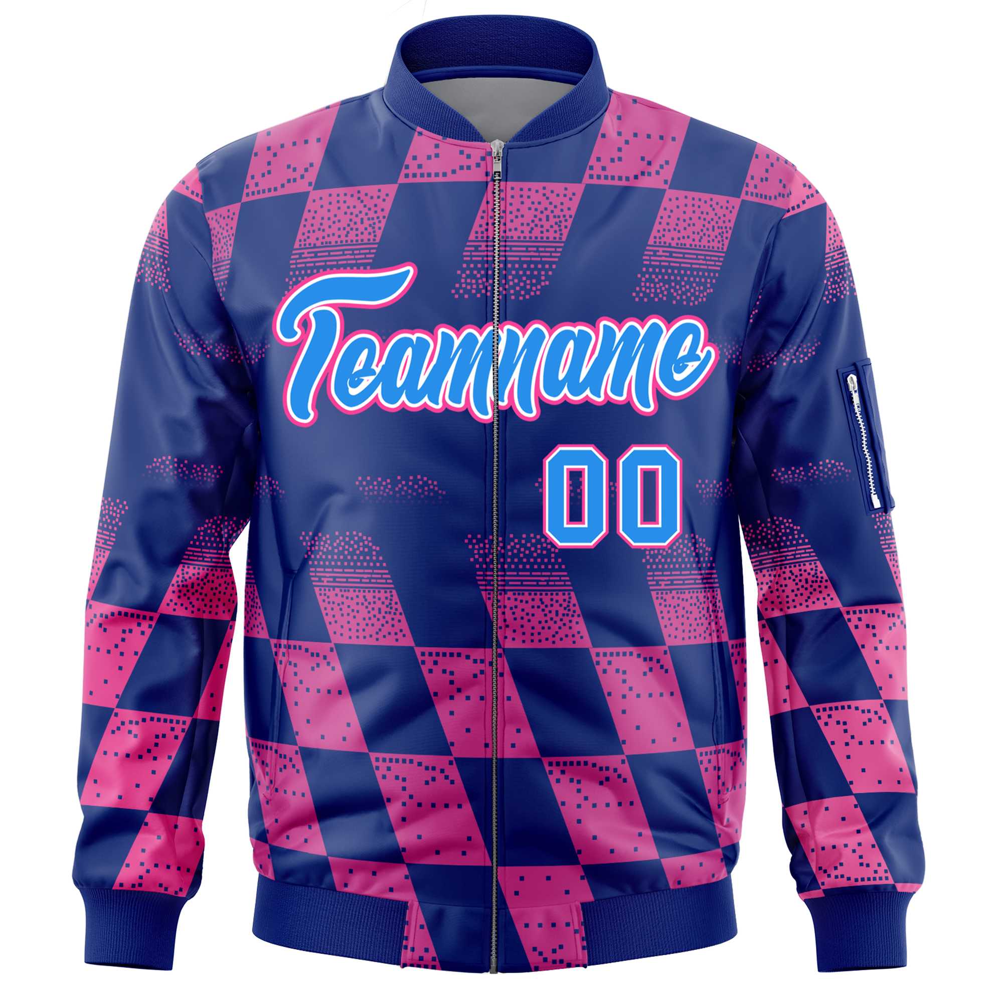 Custom Royal Pink Grid Varsity Full-Zip Color Block Letterman Bomber Jacket