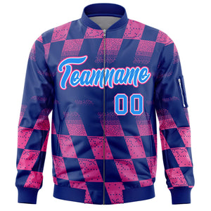 Custom Royal Pink Grid Varsity Full-Zip Color Block Letterman Bomber Jacket