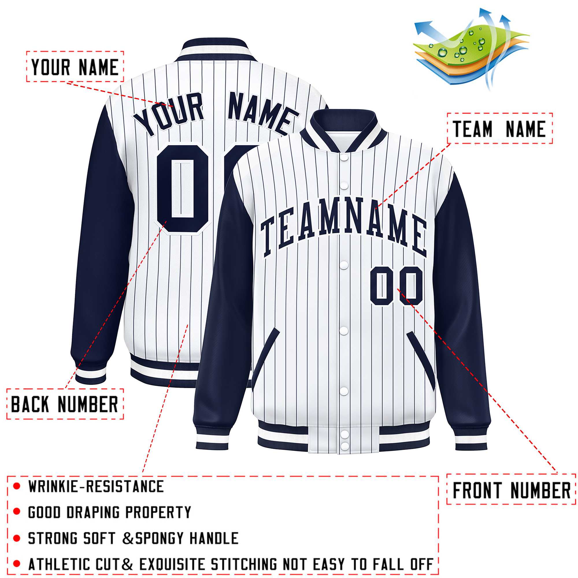 Custom White Navy Stripe Fashion Bomber Varsity Jacket with Raglan Sleeves