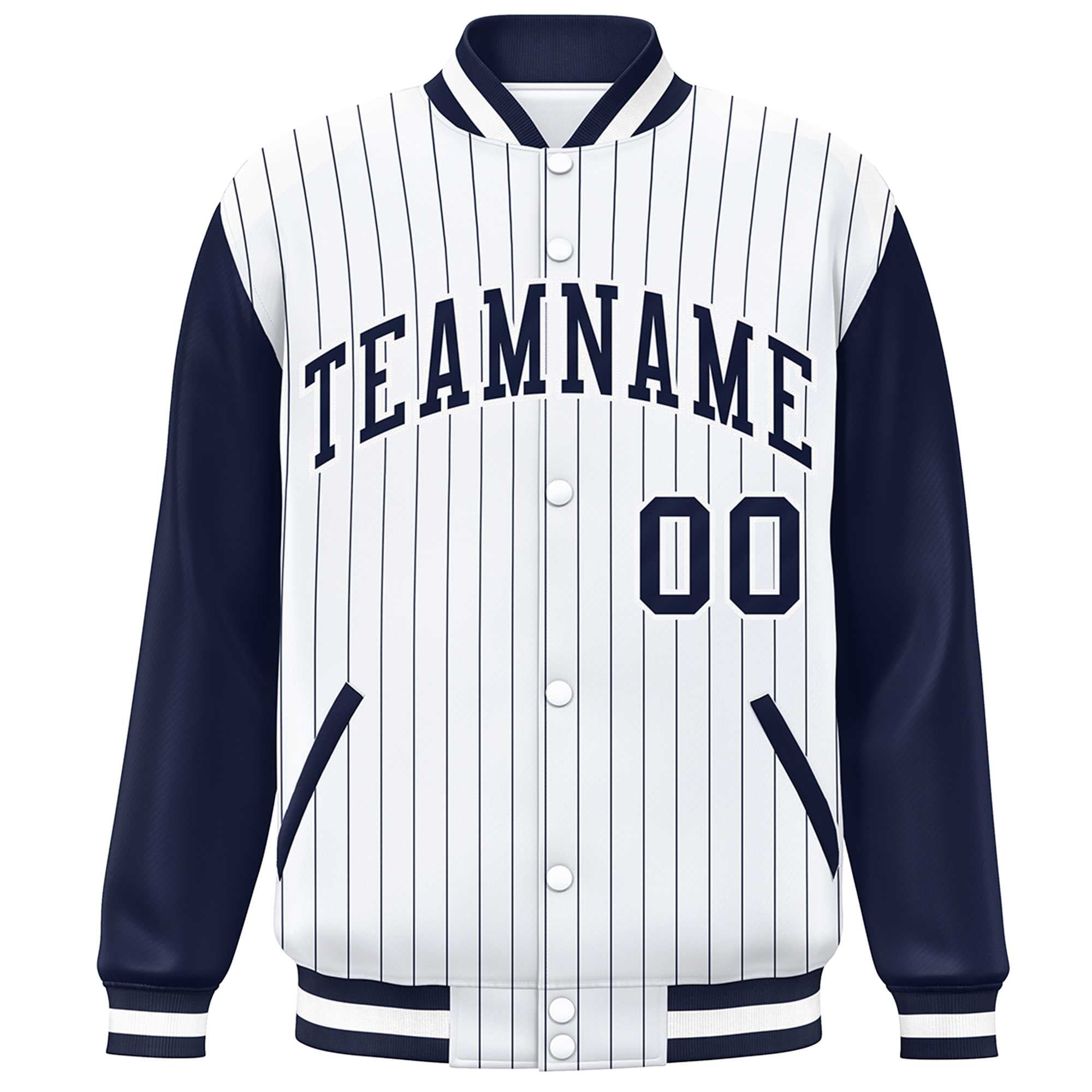 Custom White Navy Stripe Fashion Bomber Varsity Jacket with Raglan Sleeves