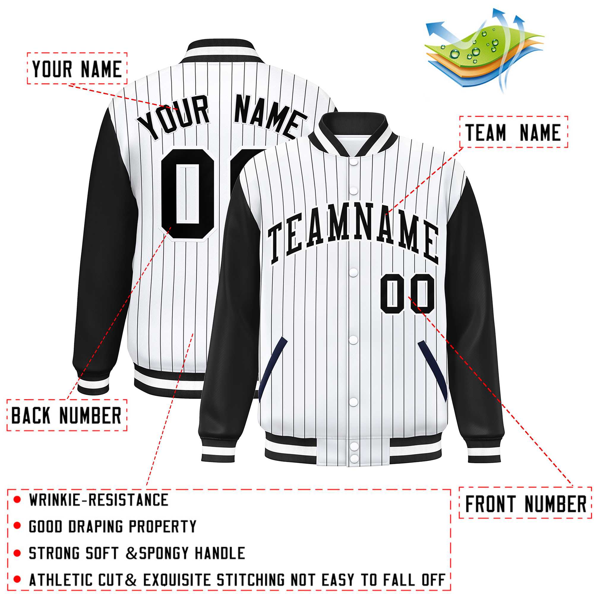 Custom White Black Stripe Fashion Bomber Varsity Jacket with Raglan Sleeves