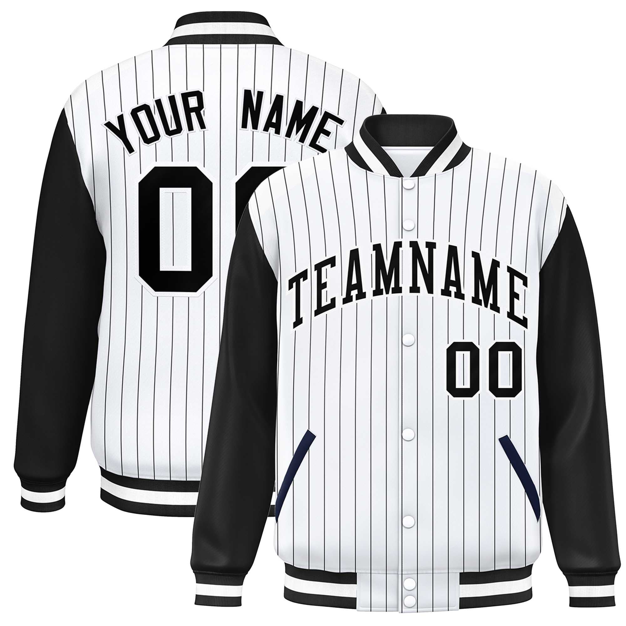 Custom White Black Stripe Fashion Bomber Varsity Jacket with Raglan Sleeves