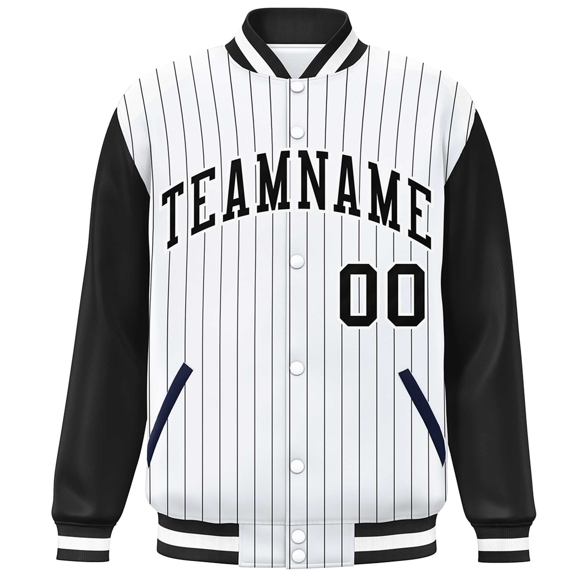 Custom White Black Stripe Fashion Bomber Varsity Jacket with Raglan Sleeves