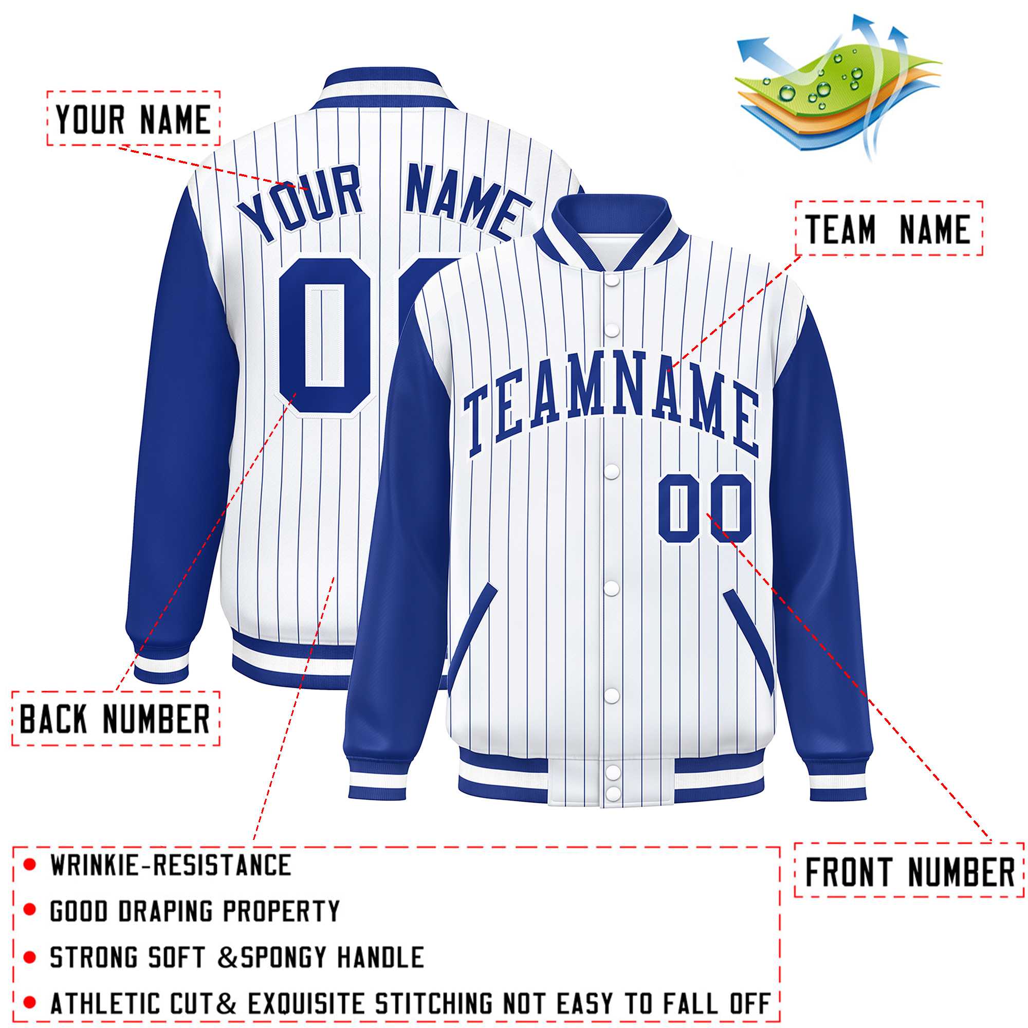 Custom White Royal Stripe Fashion Bomber Varsity Jacket with Raglan Sleeves