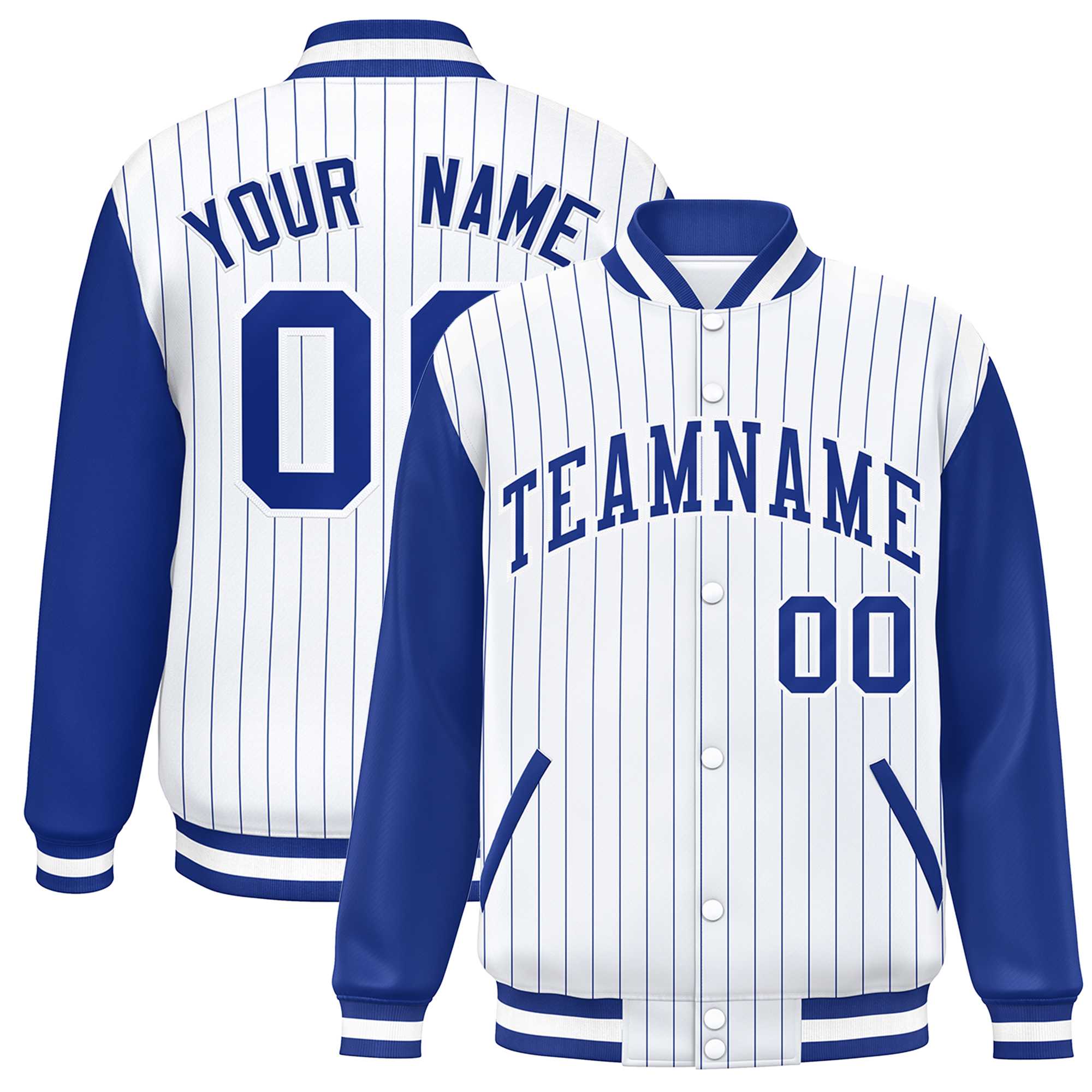 Custom White Royal Stripe Fashion Bomber Varsity Jacket with Raglan Sleeves