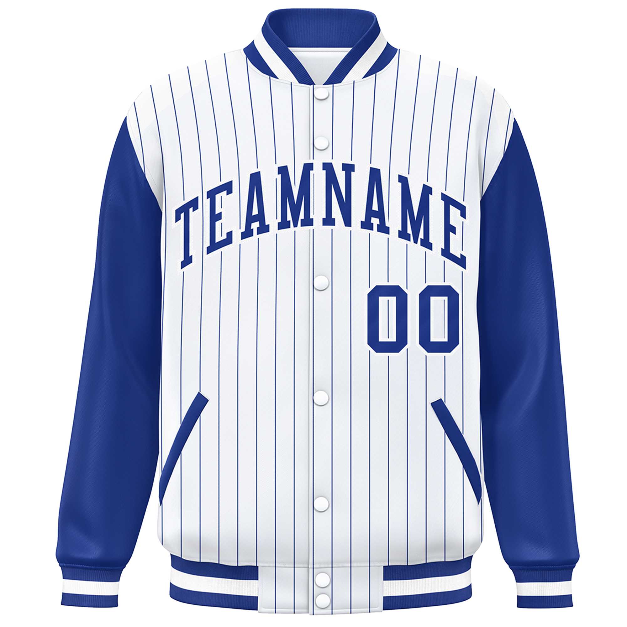 Custom White Royal Stripe Fashion Bomber Varsity Jacket with Raglan Sleeves