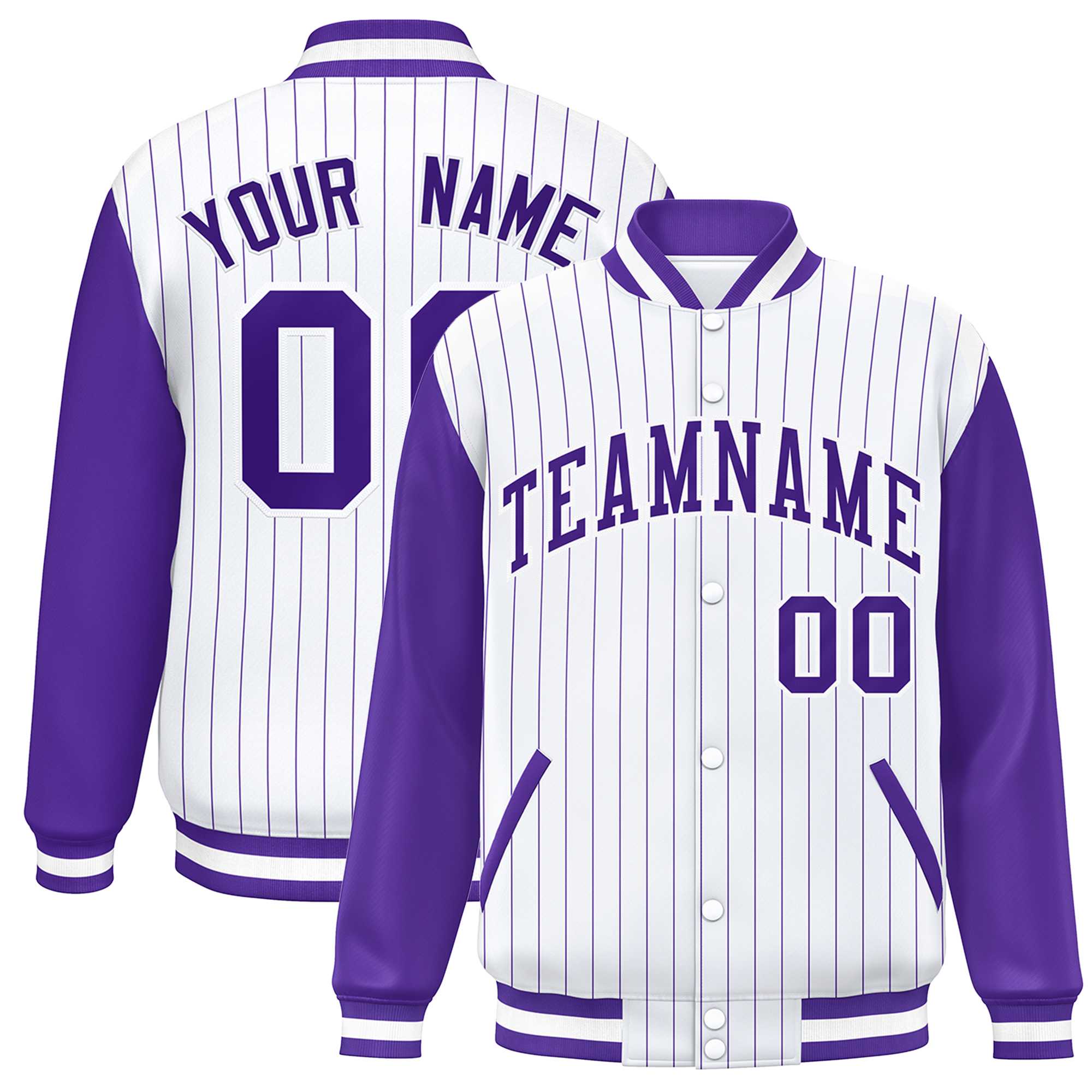 Custom White Purple Stripe Fashion Bomber Varsity Jacket with Raglan Sleeves