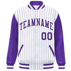 Custom White Purple Stripe Fashion Bomber Varsity Jacket with Raglan Sleeves