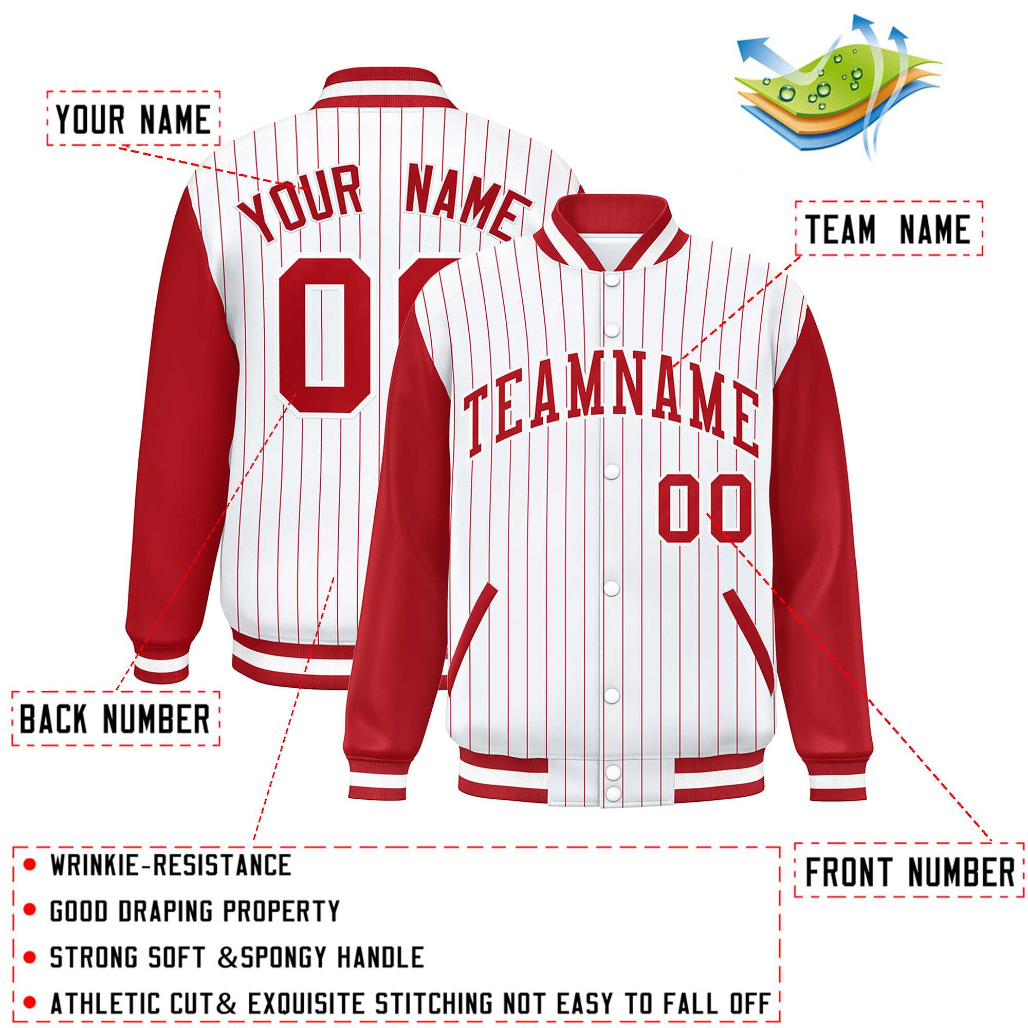 Custom White Red Stripe Fashion Bomber Varsity Jacket with Raglan Sleeves