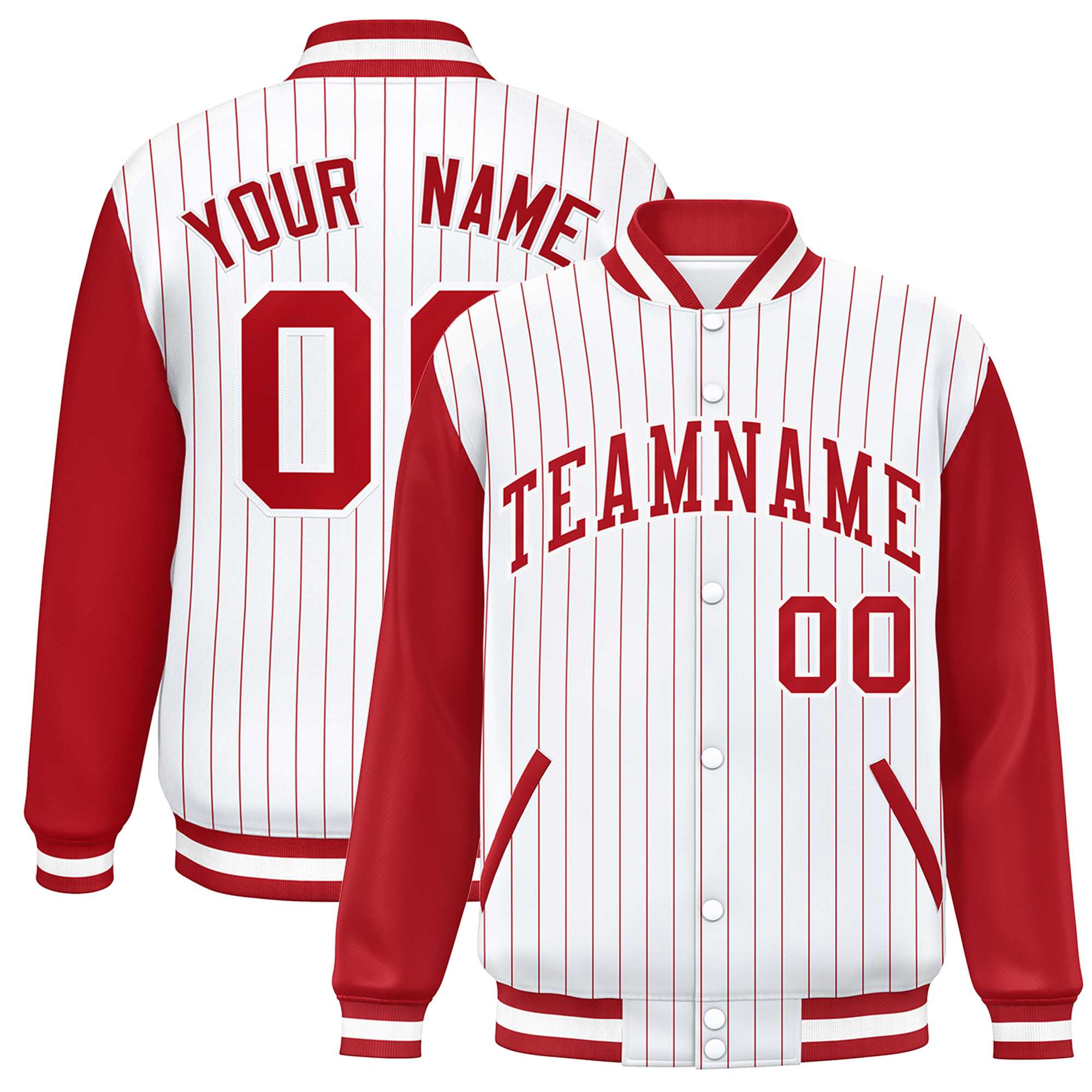 Custom White Red Stripe Fashion Bomber Varsity Jacket with Raglan Sleeves