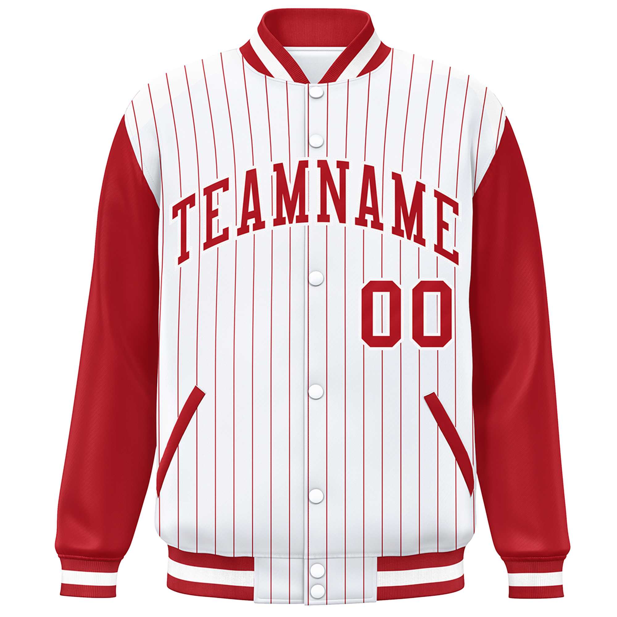 Custom White Red Stripe Fashion Bomber Varsity Jacket with Raglan Sleeves