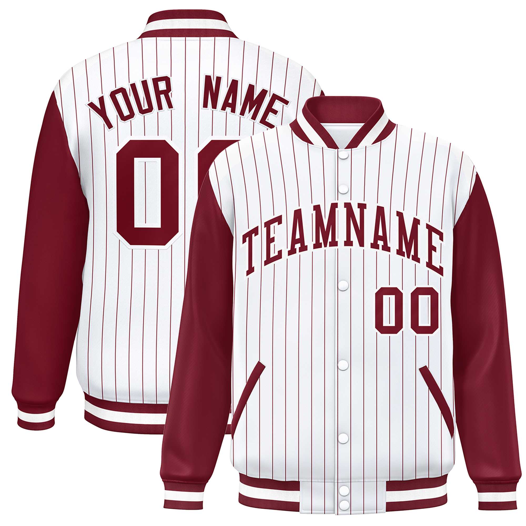 Custom White Crimson Stripe Fashion Bomber Varsity Jacket with Raglan Sleeves