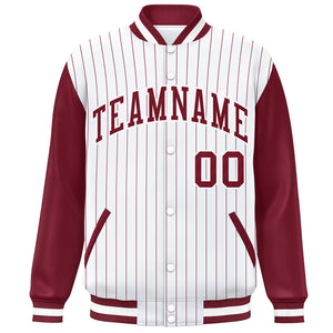 Custom White Crimson Stripe Fashion Bomber Varsity Jacket with Raglan Sleeves