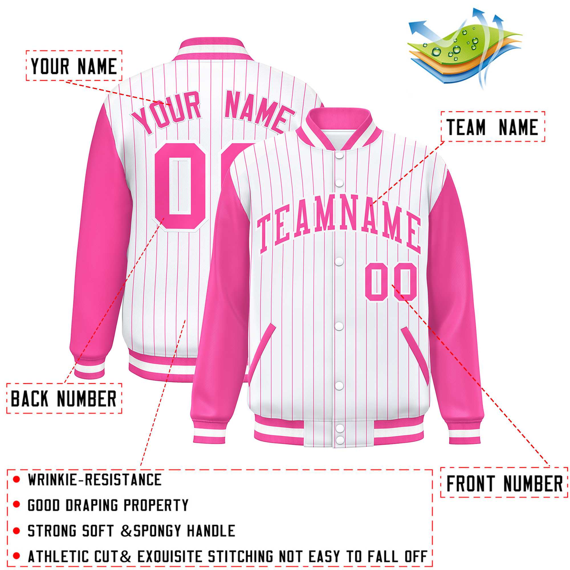 Custom White Pink Stripe Fashion Bomber Varsity Jacket with Raglan Sleeves