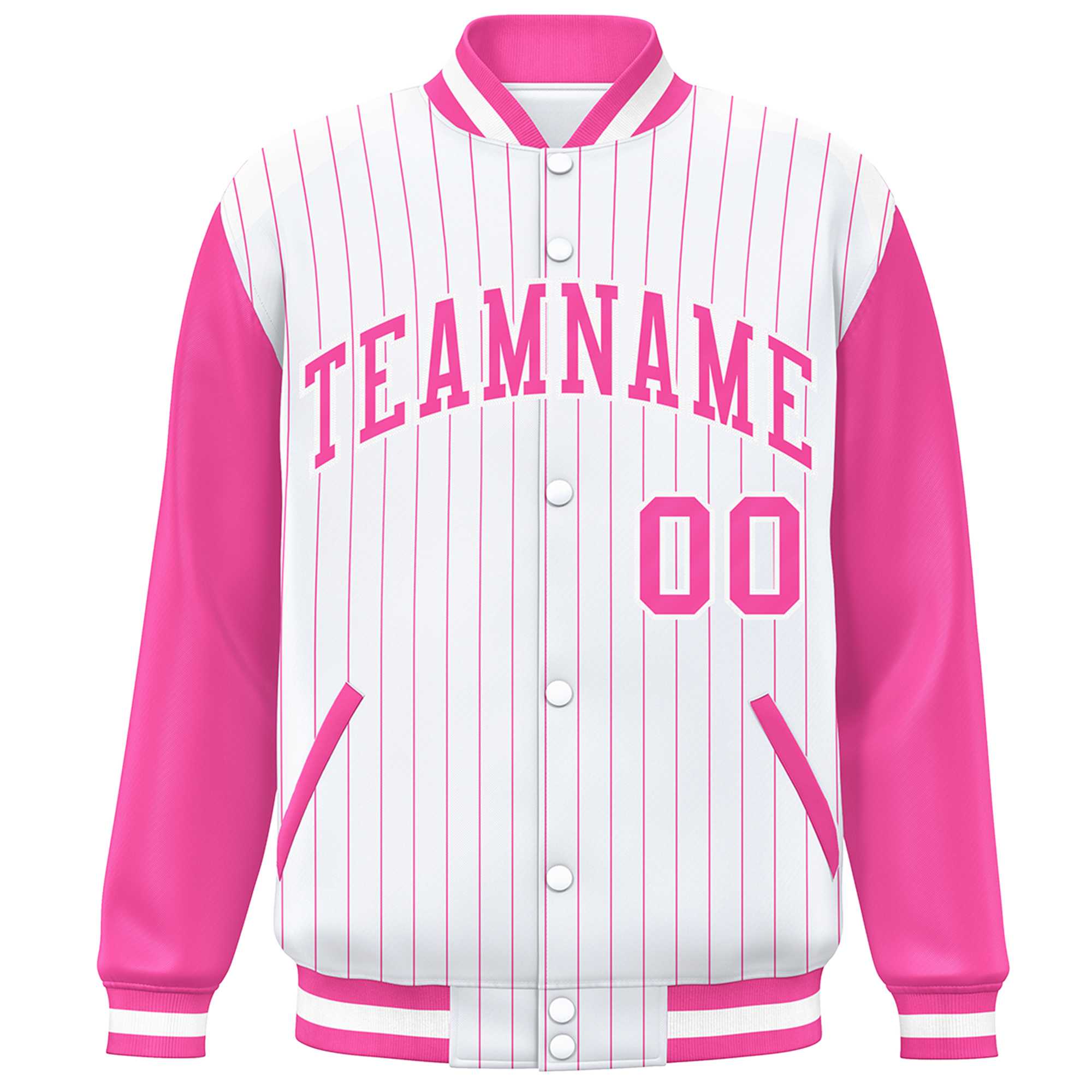 Custom White Pink Stripe Fashion Bomber Varsity Jacket with Raglan Sleeves