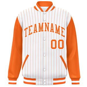 Custom White Orange Stripe Fashion Bomber Varsity Jacket with Raglan Sleeves