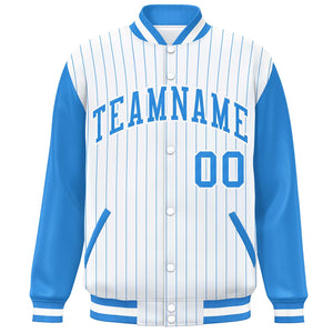 Custom White Powder Blue Stripe Fashion Bomber Varsity Jacket with Raglan Sleeves