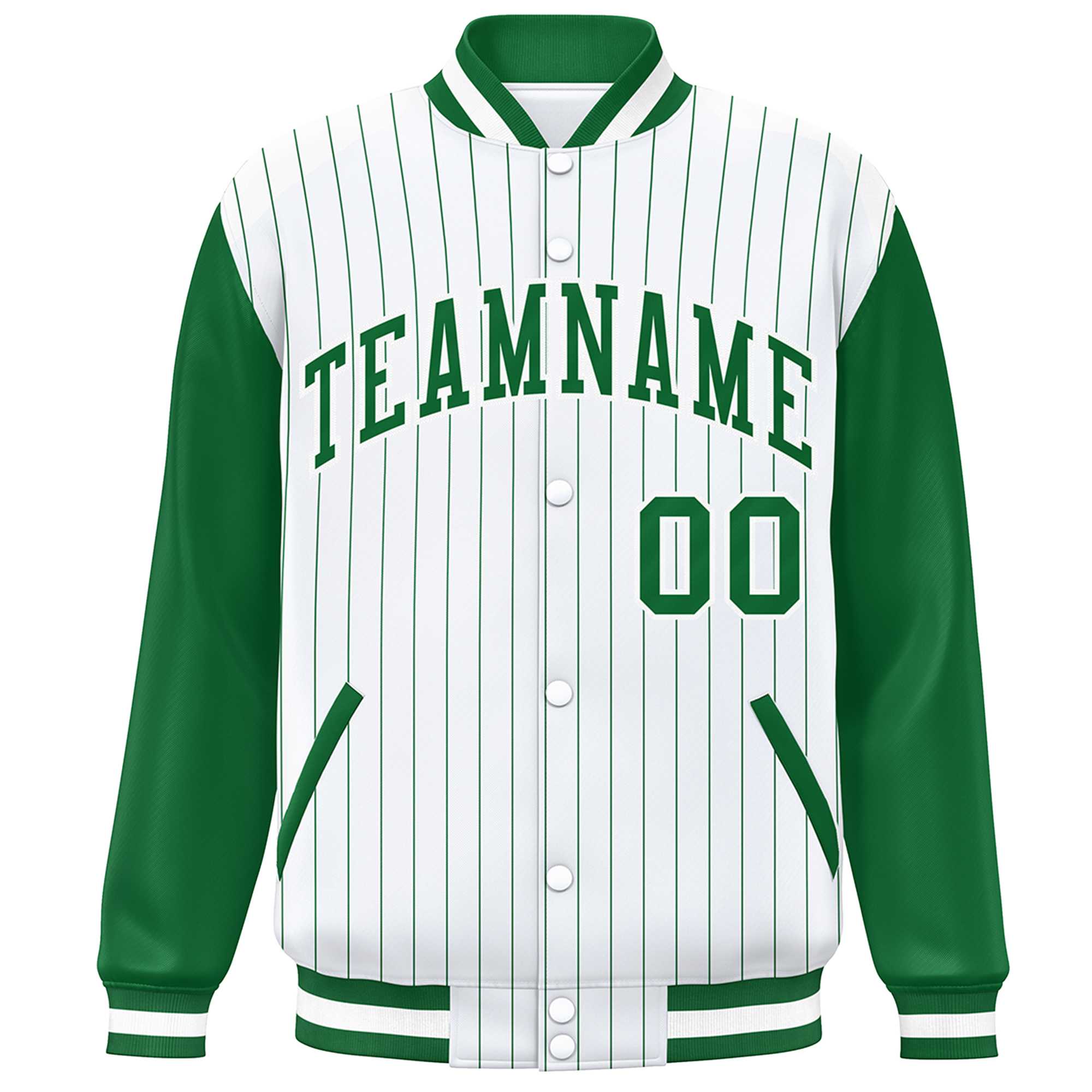 Custom White Kelly Green Stripe Fashion Bomber Varsity Jacket with Raglan Sleeves