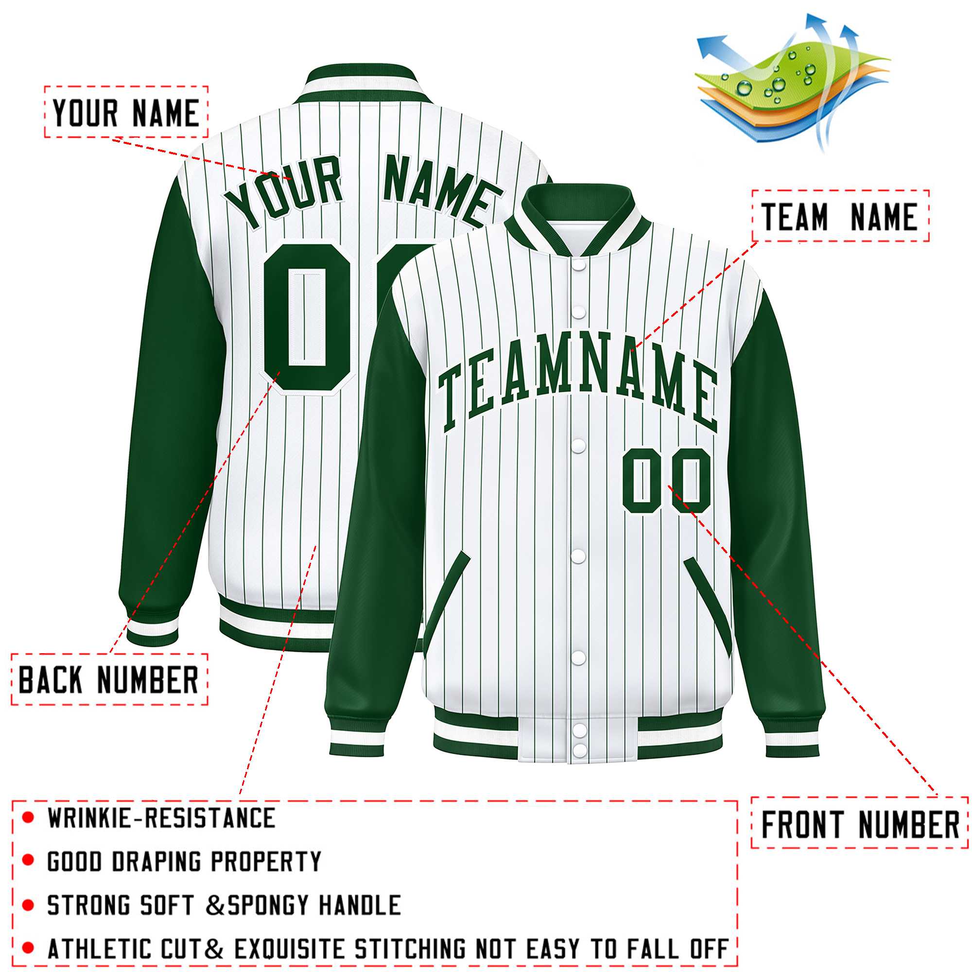 Custom White Green Stripe Fashion Bomber Varsity Jacket with Raglan Sleeves