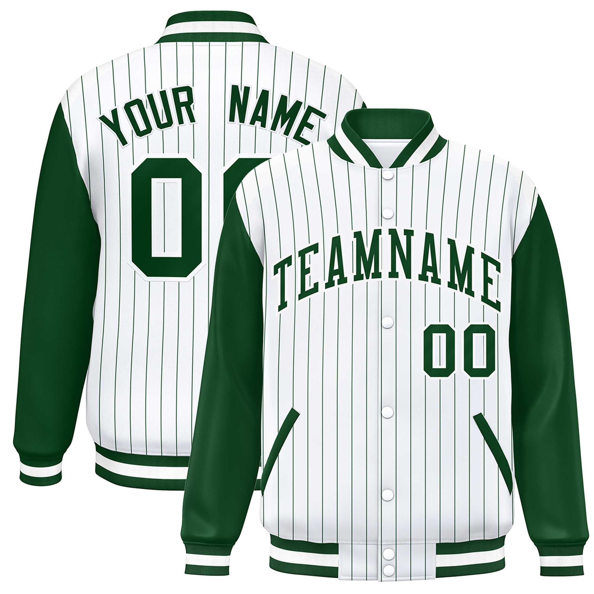 Custom White Green Stripe Fashion Bomber Varsity Jacket with Raglan Sleeves