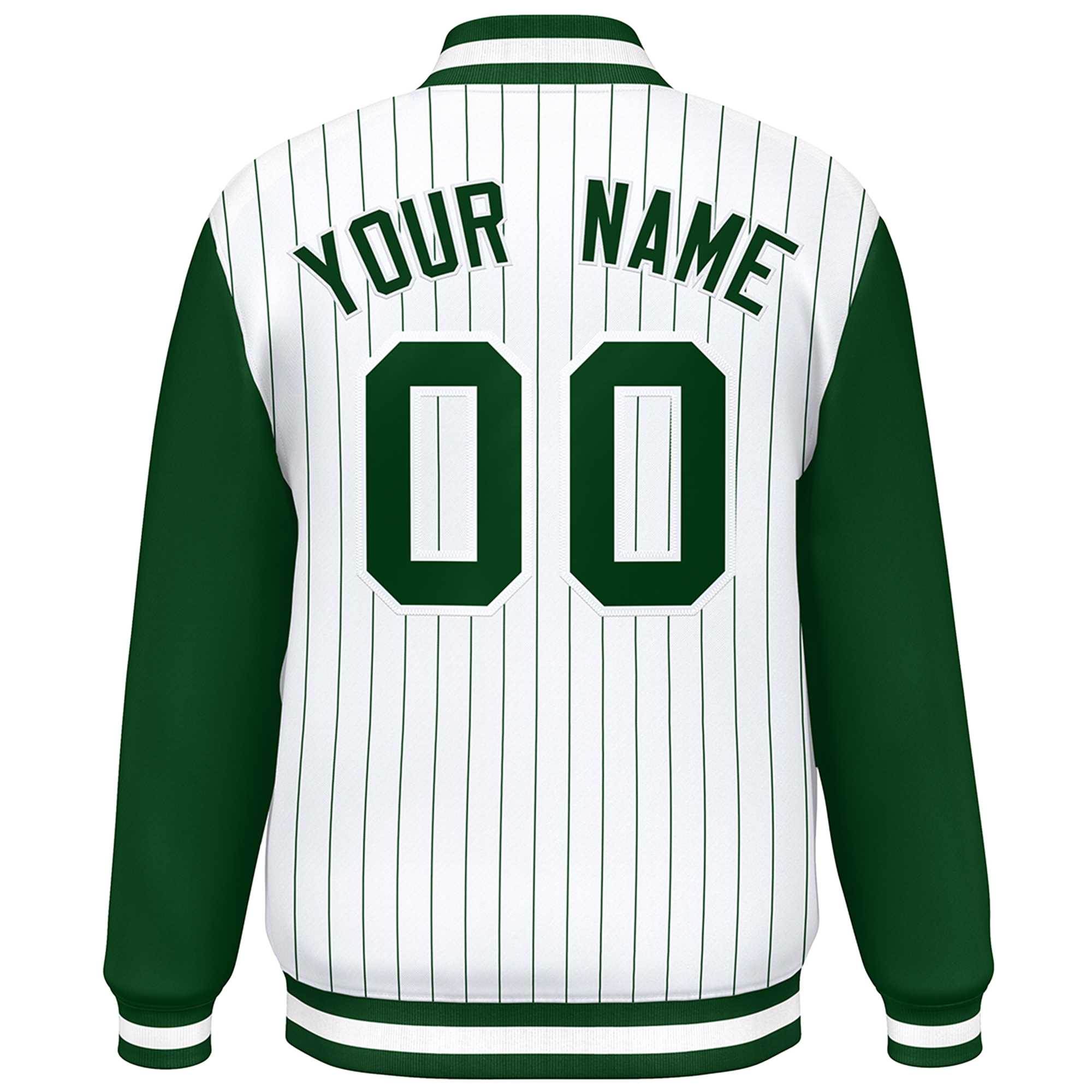 Custom White Green Stripe Fashion Bomber Varsity Jacket with Raglan Sleeves