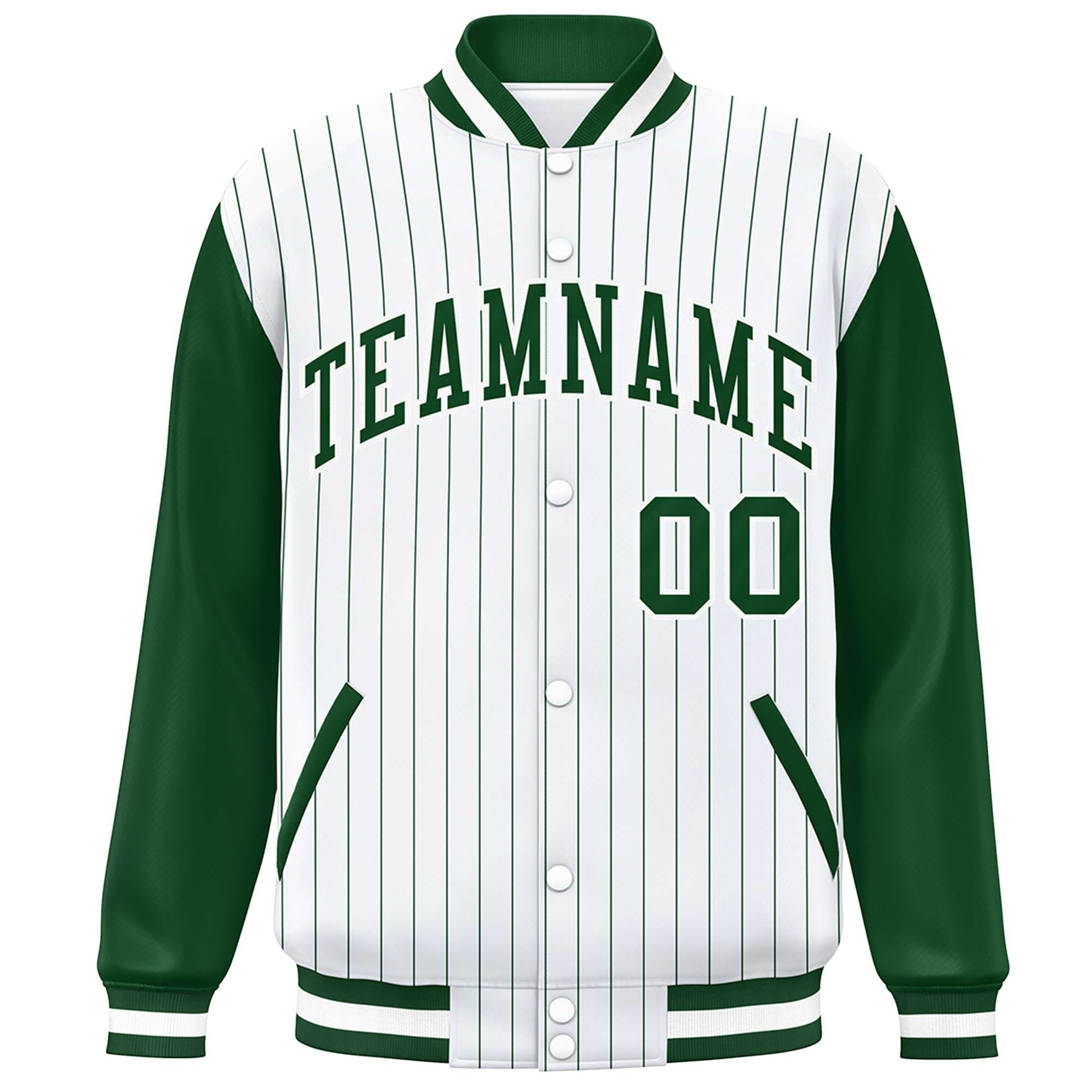 Custom White Green Stripe Fashion Bomber Varsity Jacket with Raglan Sleeves