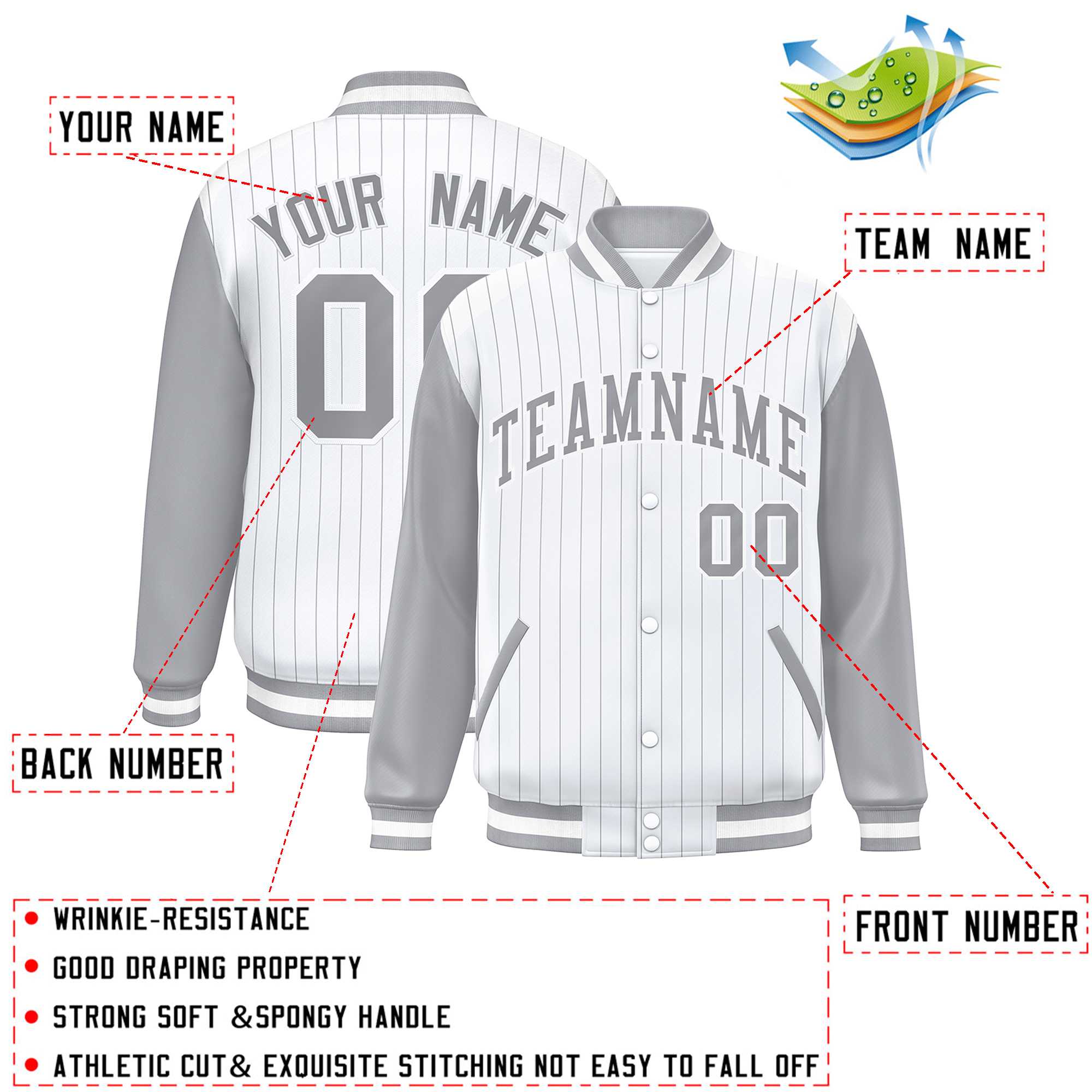 Custom White Gray Stripe Fashion Bomber Varsity Jacket with Raglan Sleeves