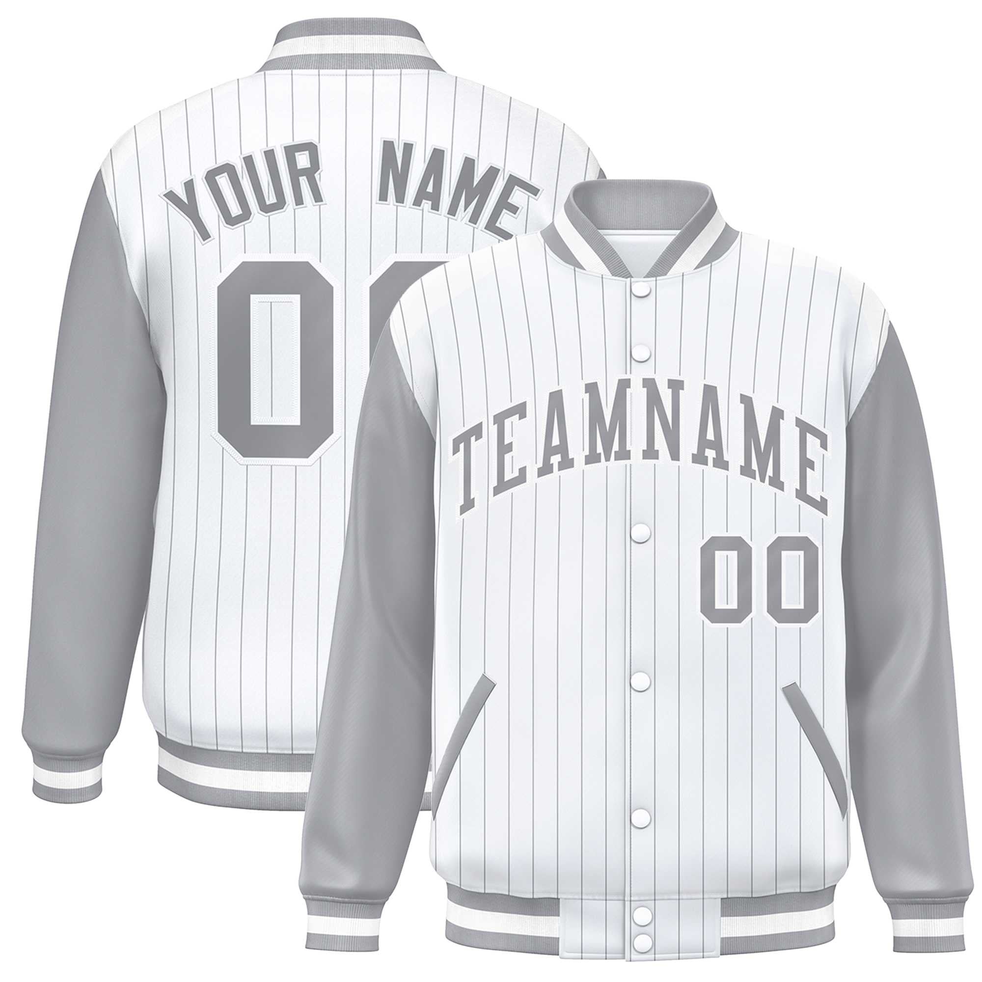 Custom White Gray Stripe Fashion Bomber Varsity Jacket with Raglan Sleeves