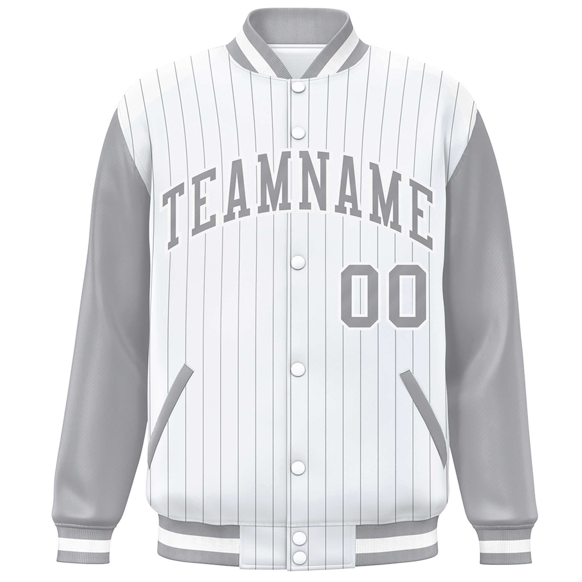 Custom White Gray Stripe Fashion Bomber Varsity Jacket with Raglan Sleeves