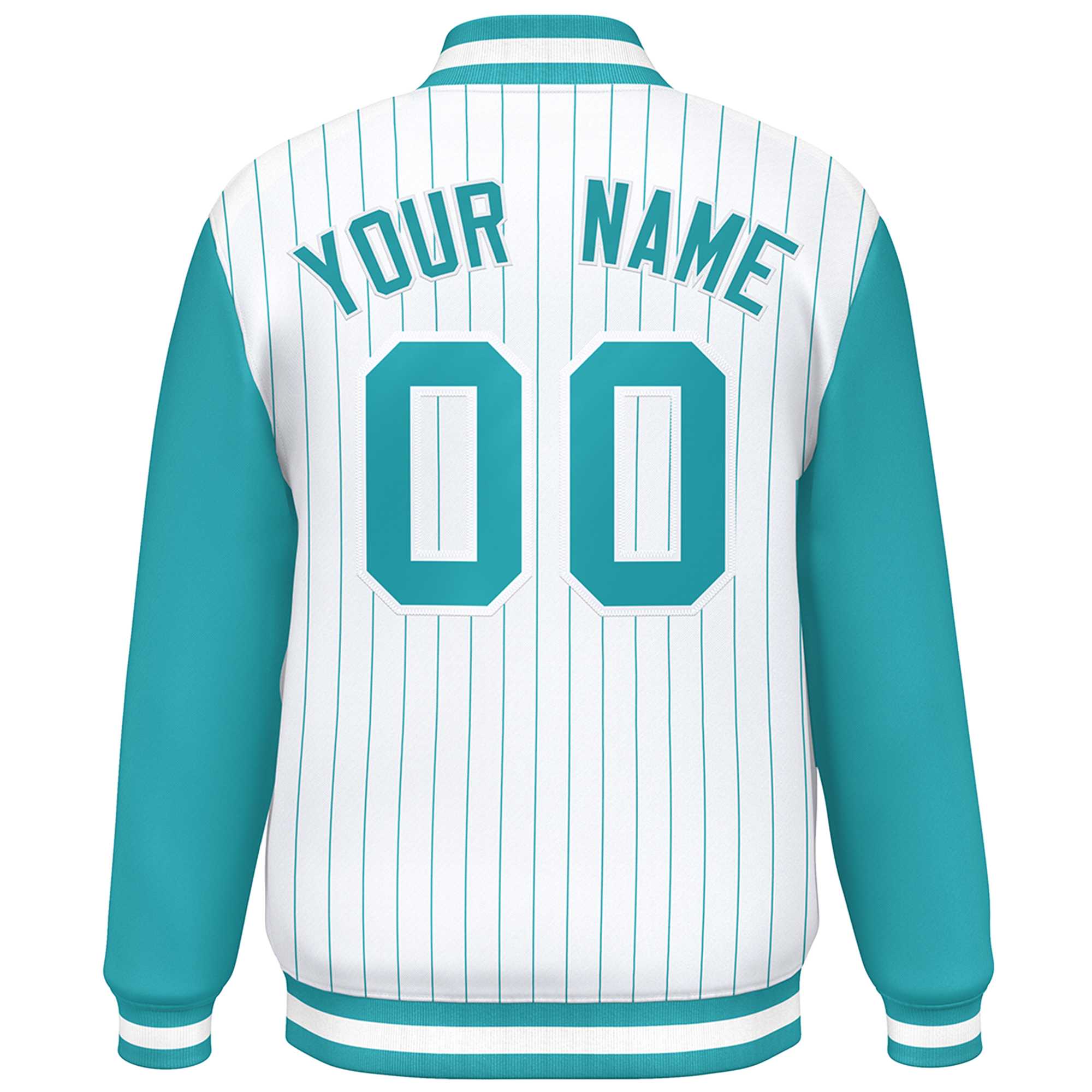 Custom White Aqua Stripe Fashion Bomber Varsity Jacket with Raglan Sleeves