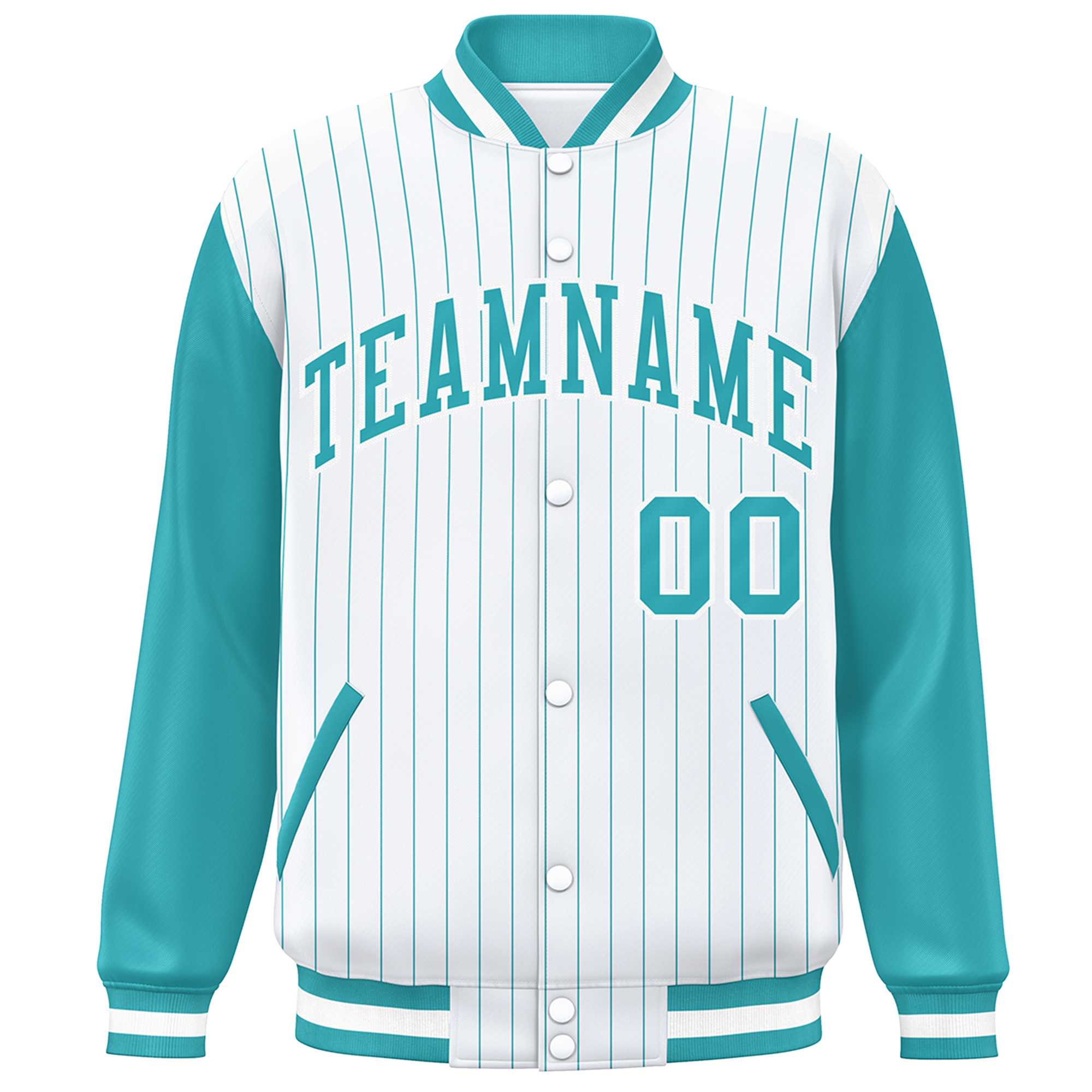 Custom White Aqua Stripe Fashion Bomber Varsity Jacket with Raglan Sleeves