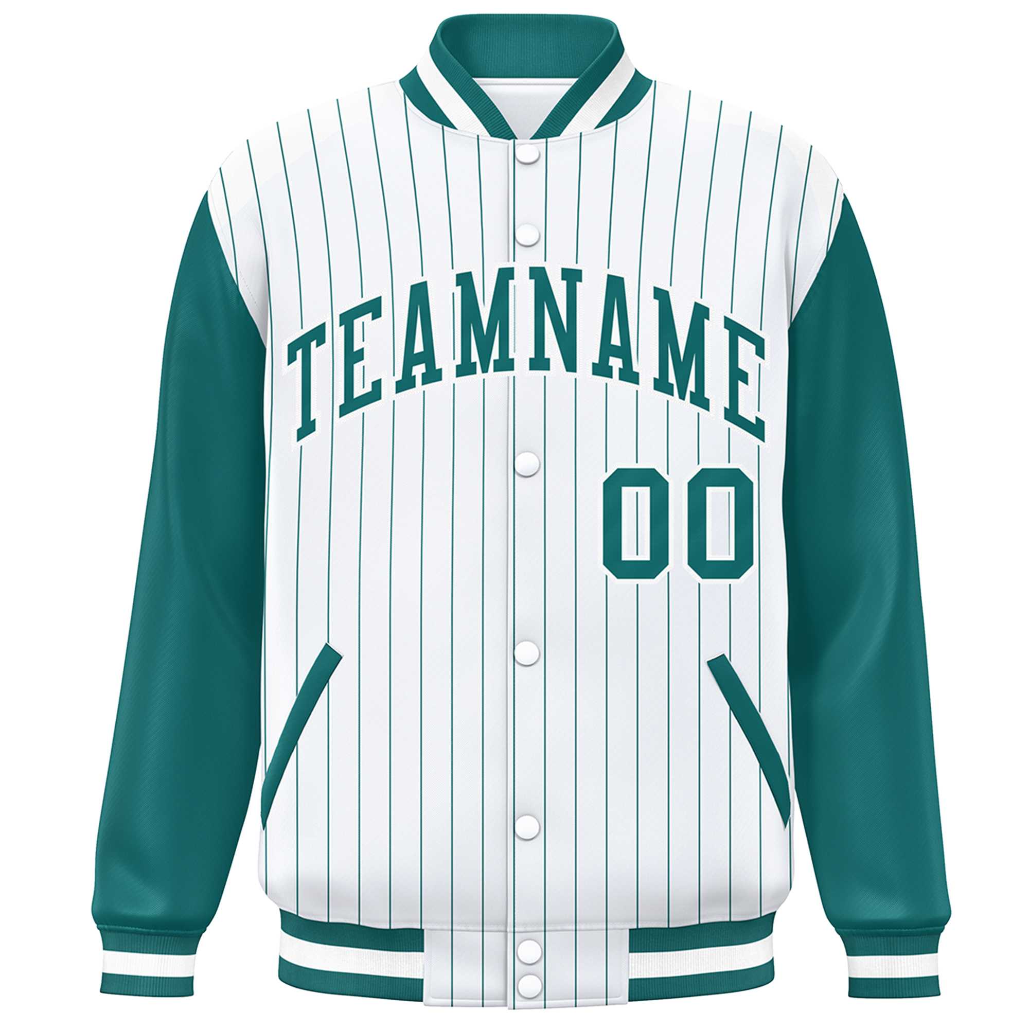 Custom White Aqua Stripe Fashion Bomber Varsity Jacket with Raglan Sleeves