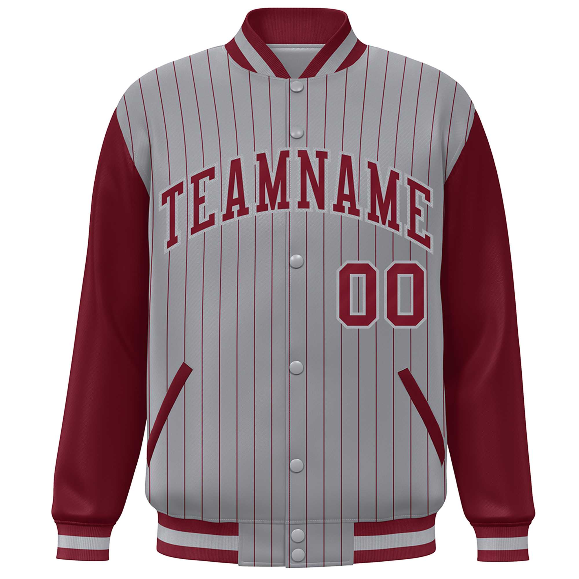 Custom Gray Crimson Stripe Fashion Bomber Varsity Jacket with Raglan Sleeves