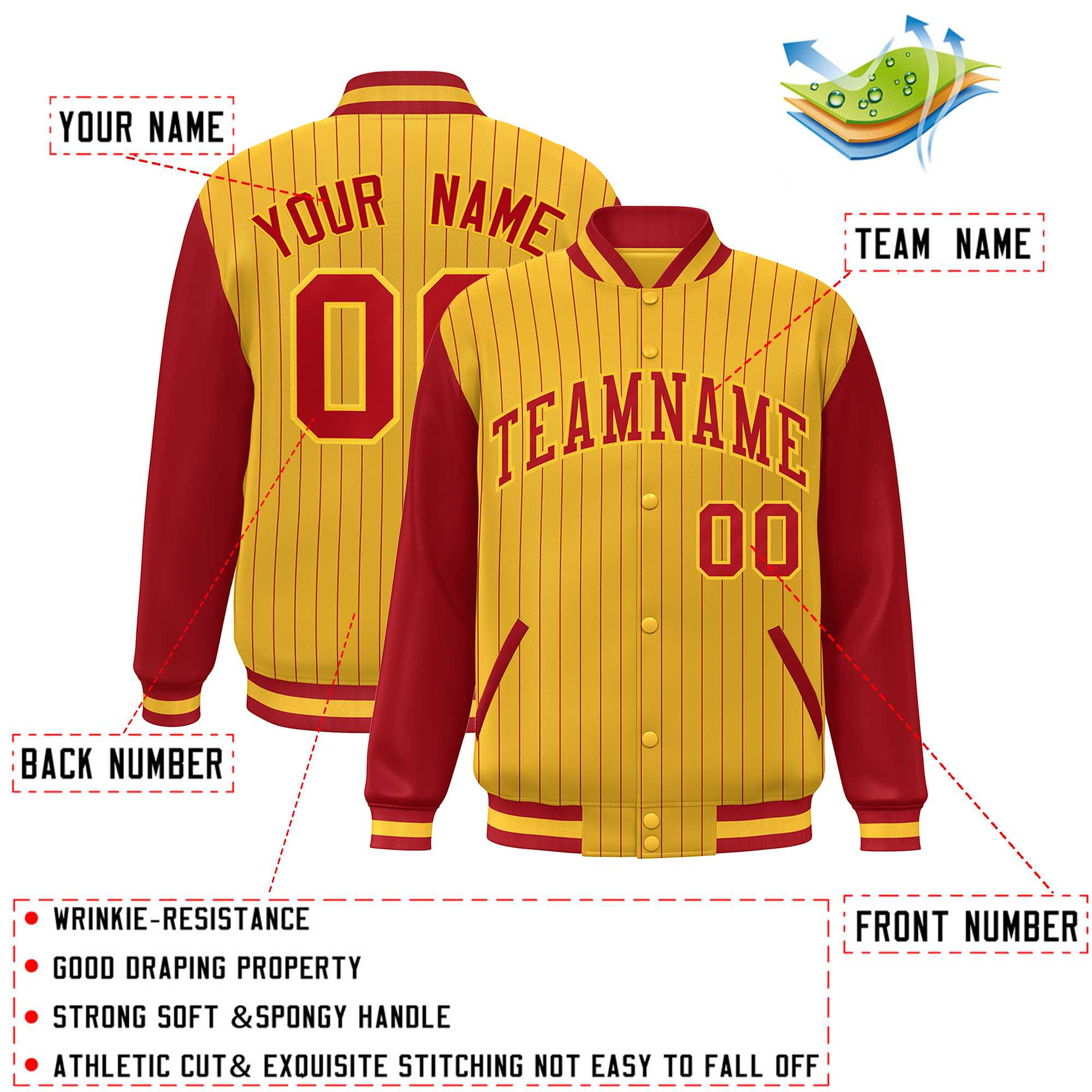 Custom Gold Red Stripe Fashion Bomber Varsity Jacket with Raglan Sleeves