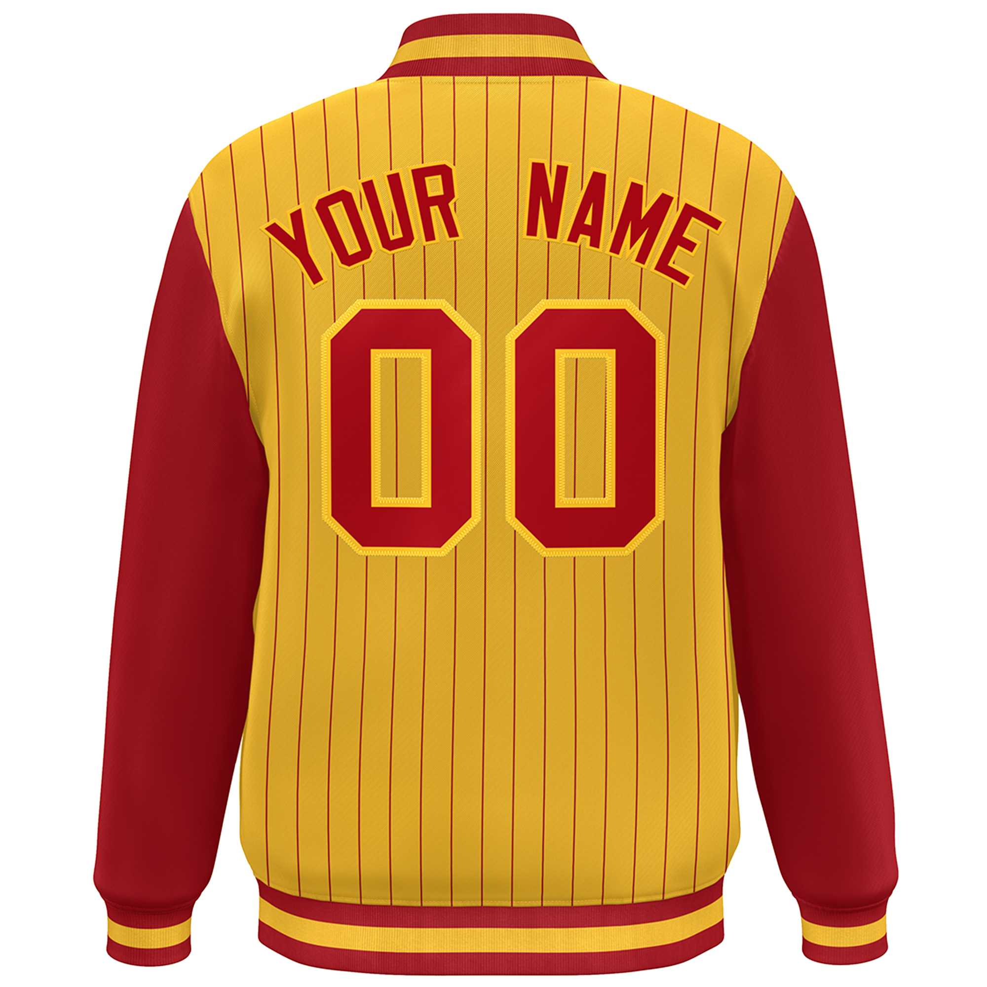 Custom Gold Red Stripe Fashion Bomber Varsity Jacket with Raglan Sleeves