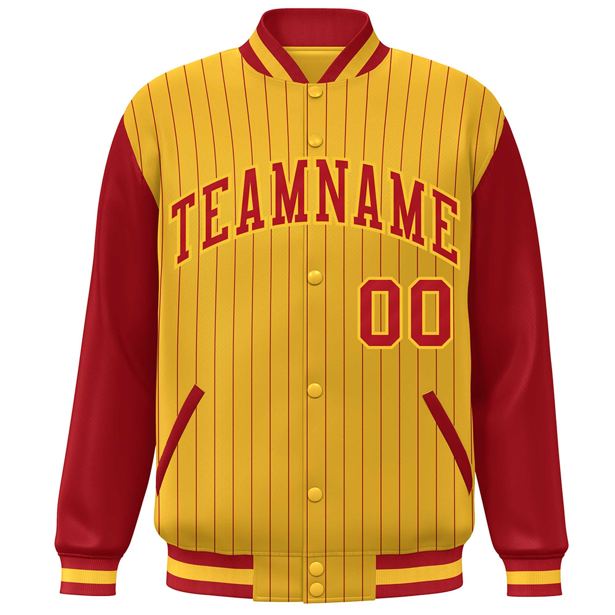 Custom Gold Red Stripe Fashion Bomber Varsity Jacket with Raglan Sleeves