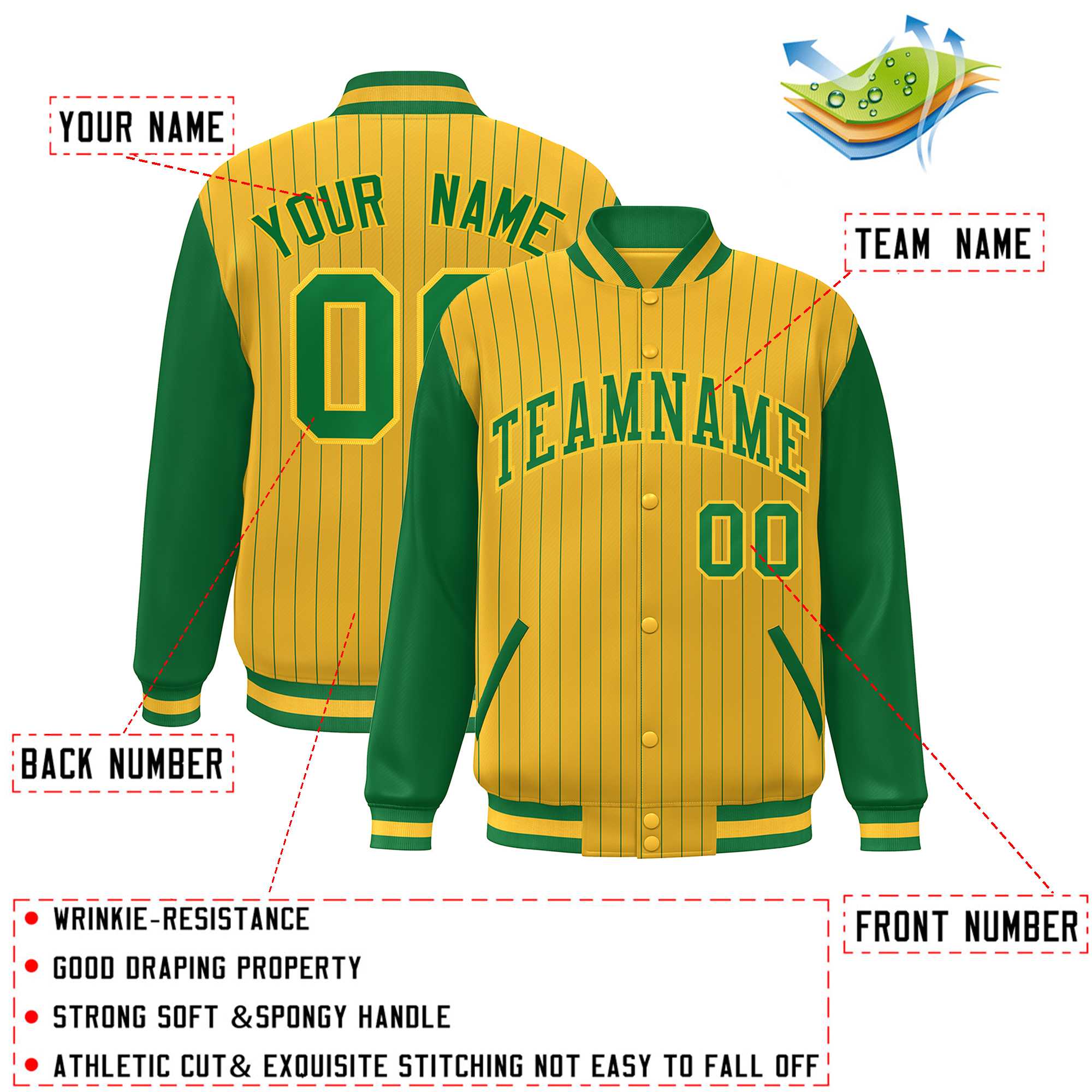 Custom Gold Kelly Green Stripe Fashion Bomber Varsity Jacket with Raglan Sleeves