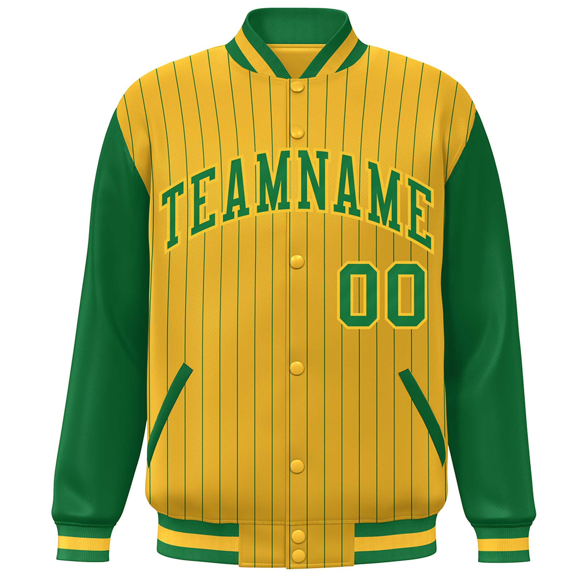 Custom Gold Kelly Green Stripe Fashion Bomber Varsity Jacket with Raglan Sleeves