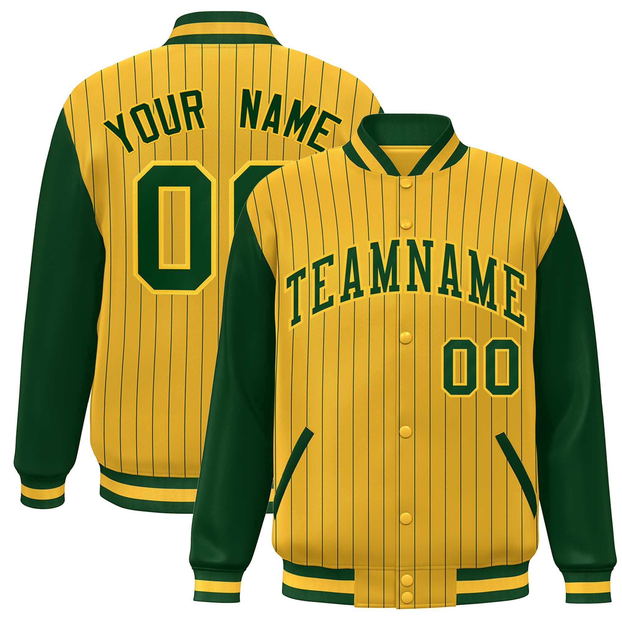 Custom Gold Green Stripe Fashion Bomber Varsity Jacket with Raglan Sleeves