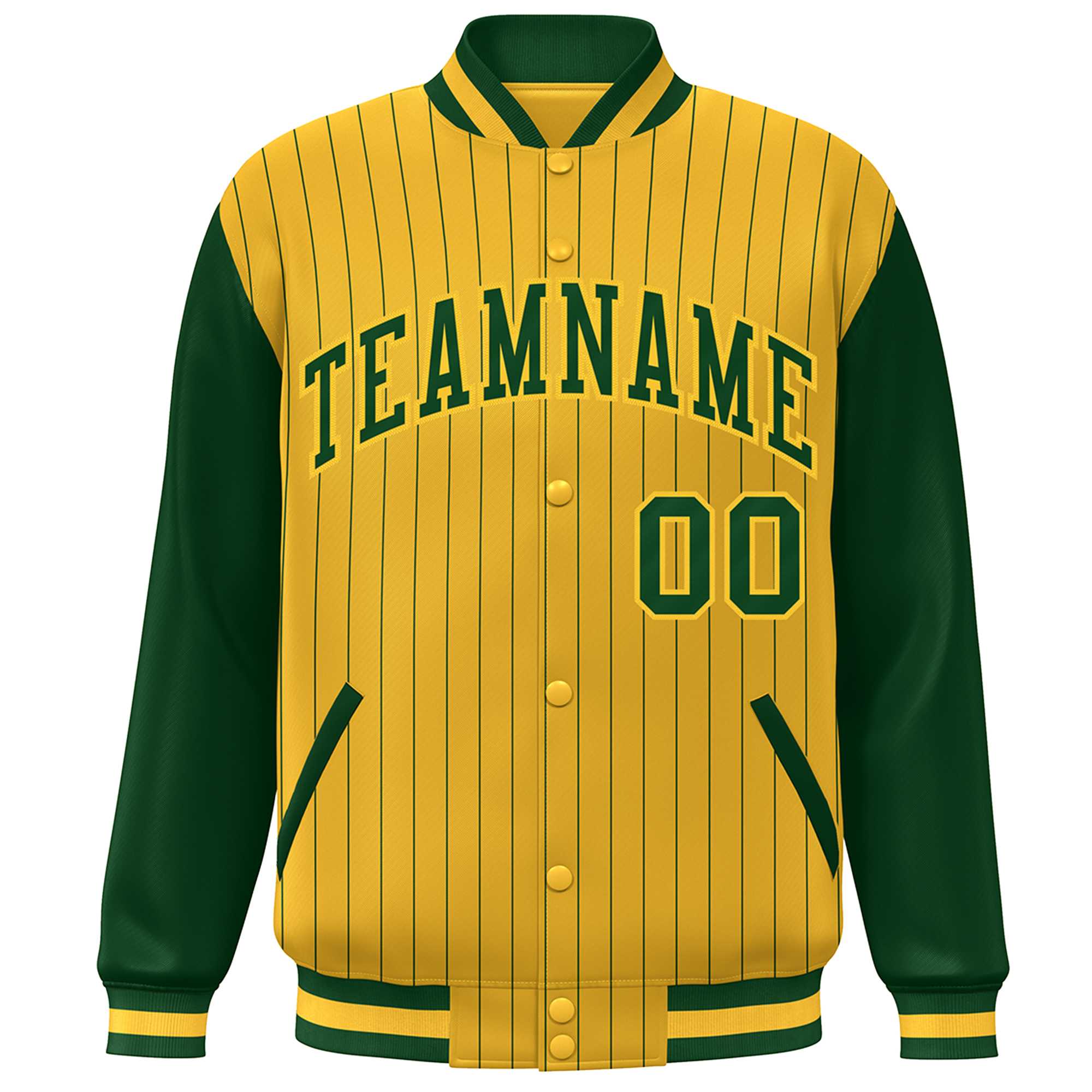 Custom Gold Green Stripe Fashion Bomber Varsity Jacket with Raglan Sleeves