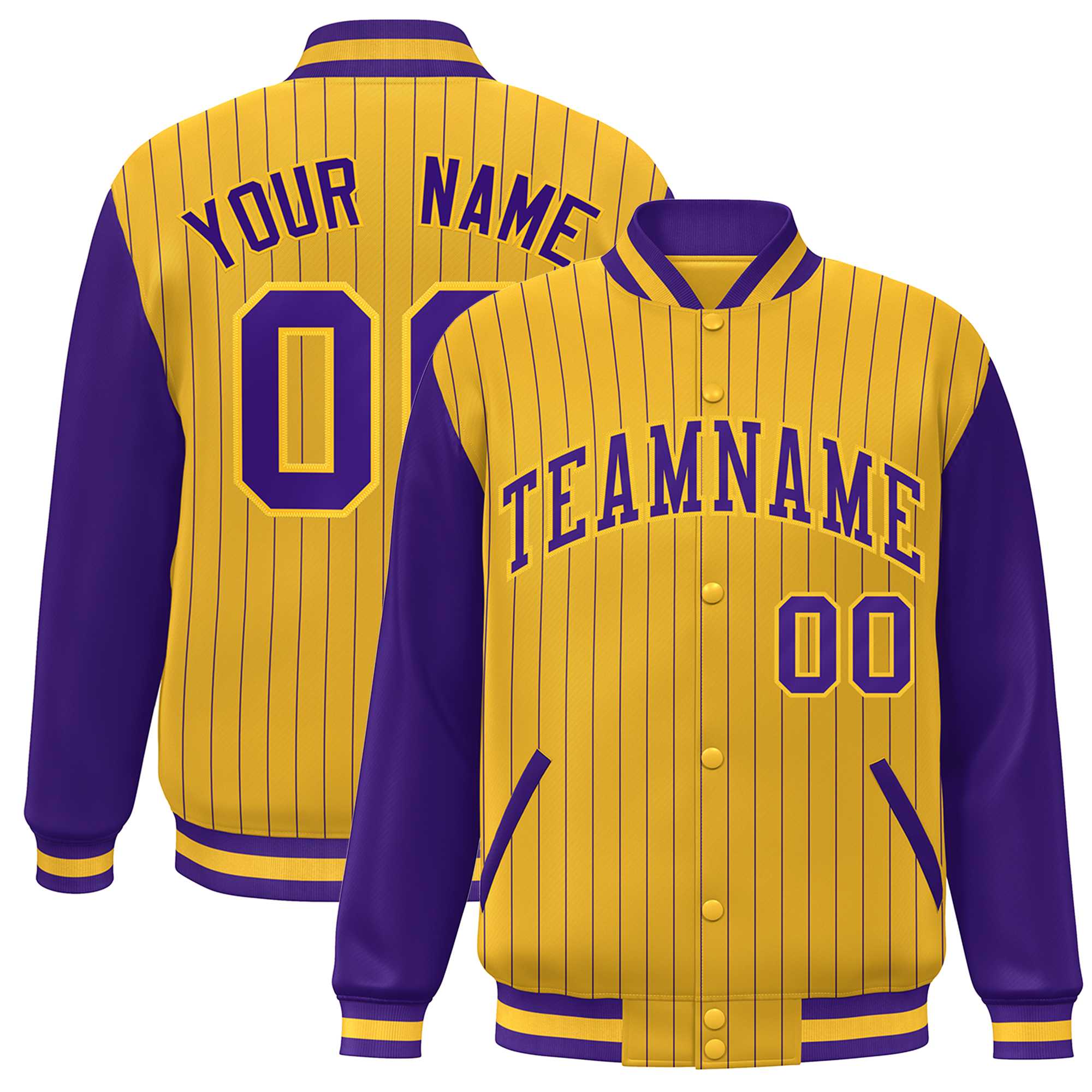 Custom Gold Purple Stripe Fashion Bomber Varsity Jacket with Raglan Sleeves