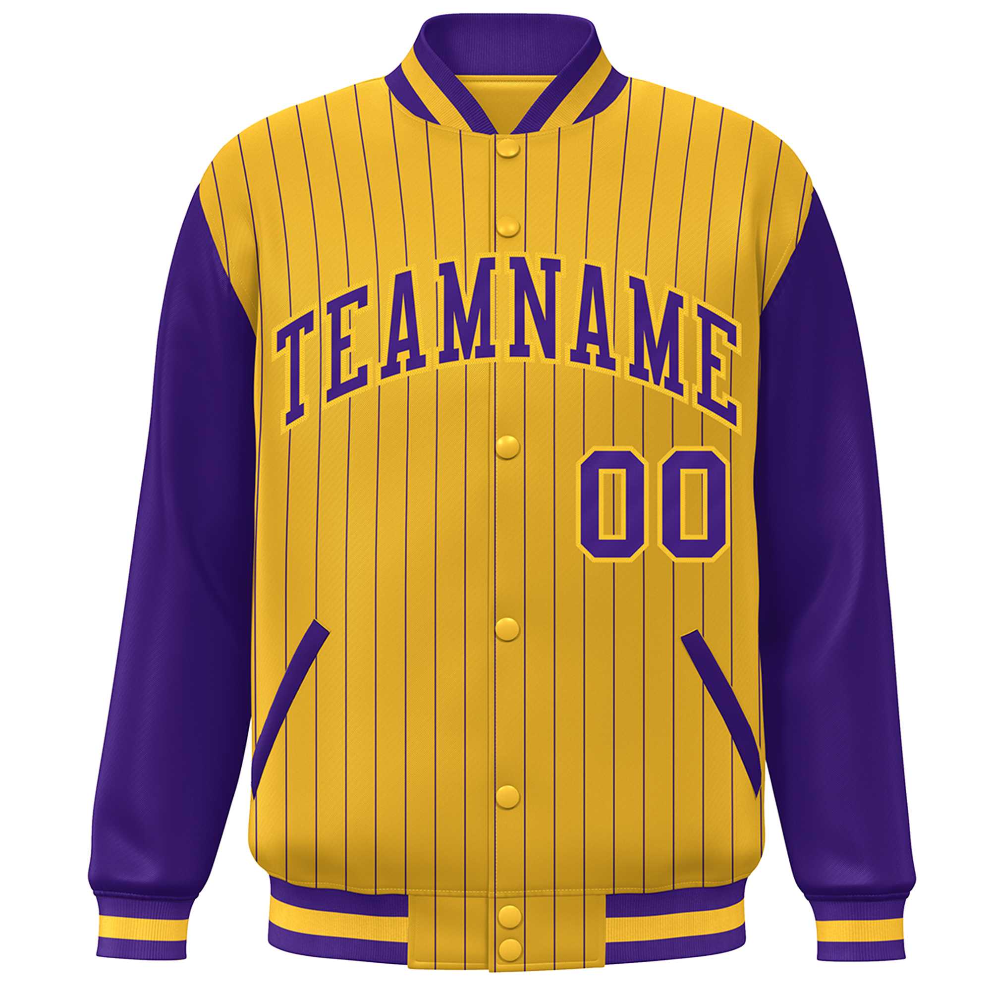 Custom Gold Purple Stripe Fashion Bomber Varsity Jacket with Raglan Sleeves