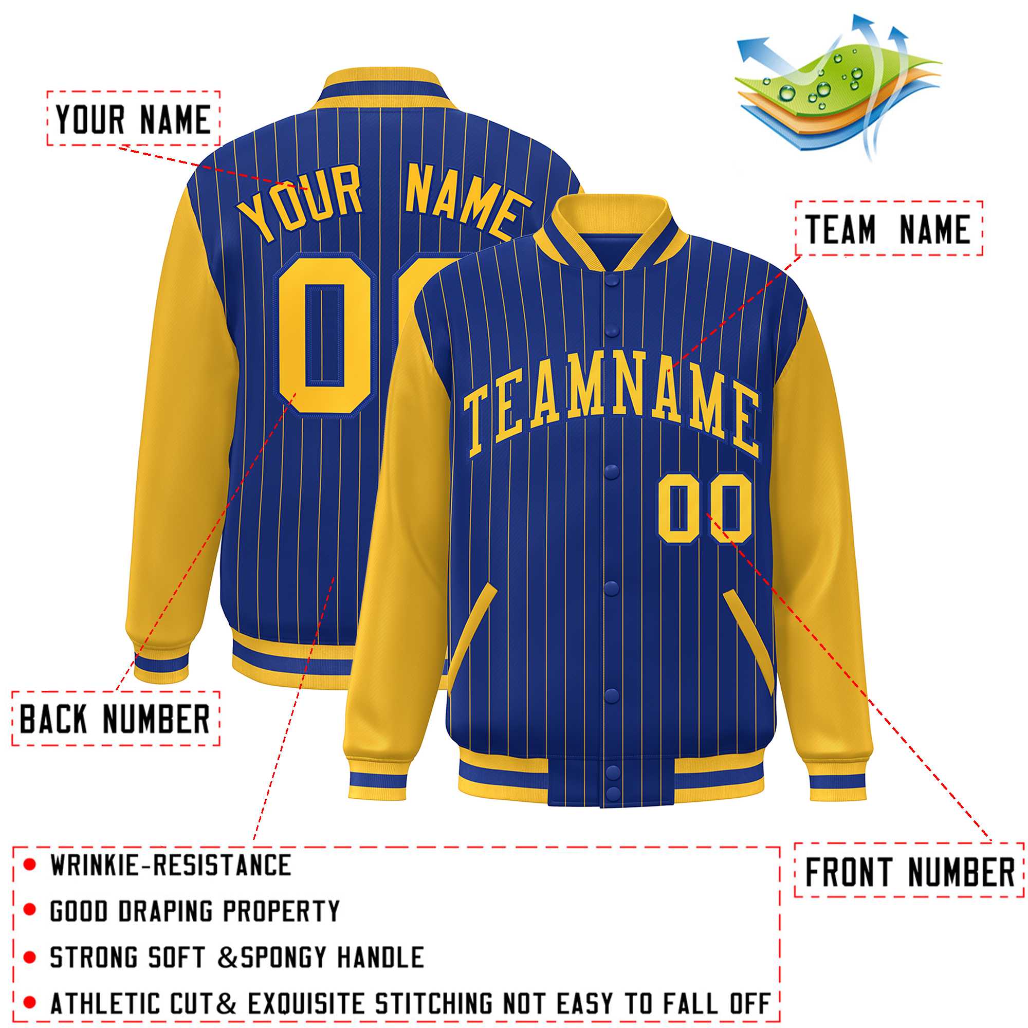 Custom Royal Gold Stripe Fashion Bomber Varsity Jacket with Raglan Sleeves