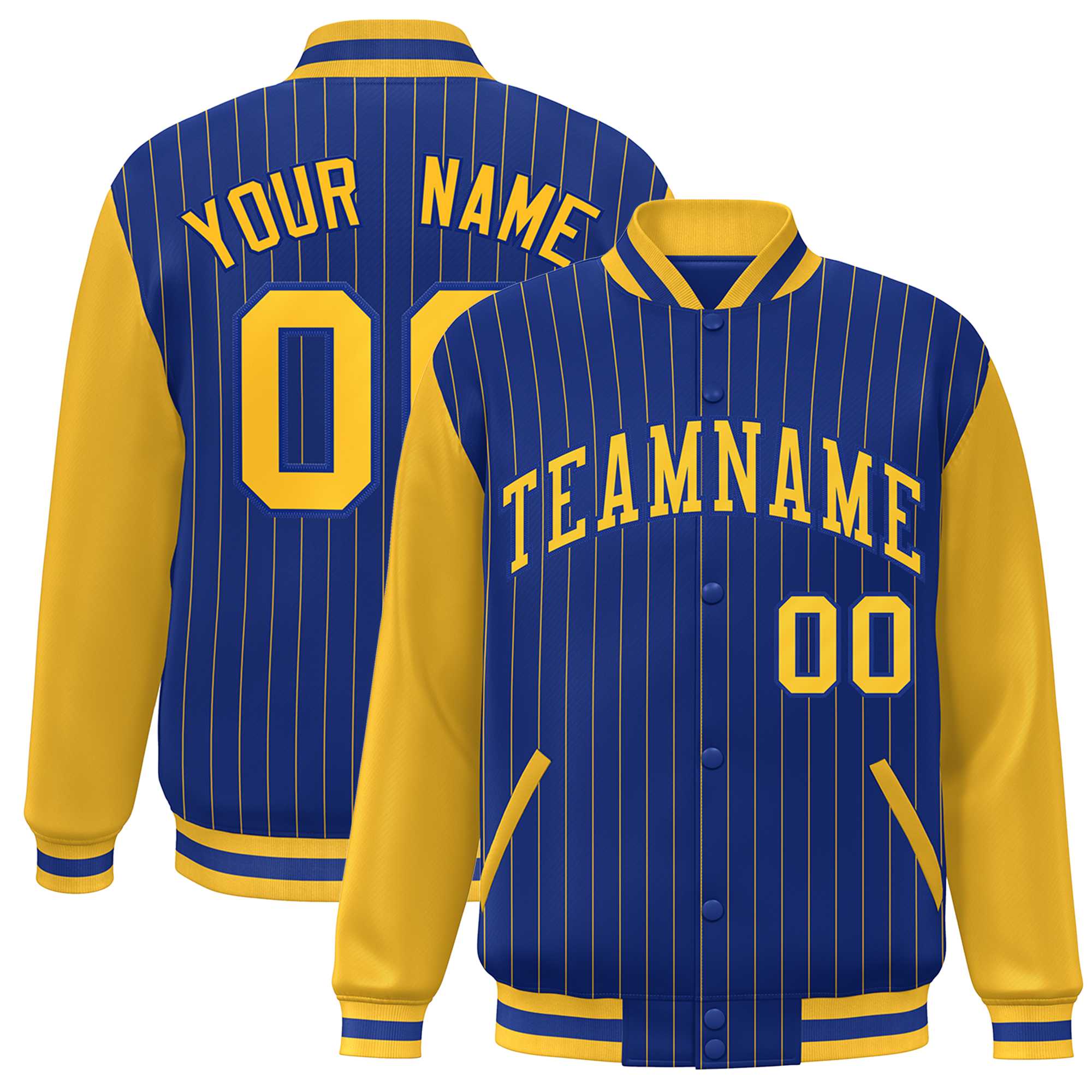 Custom Royal Gold Stripe Fashion Bomber Varsity Jacket with Raglan Sleeves